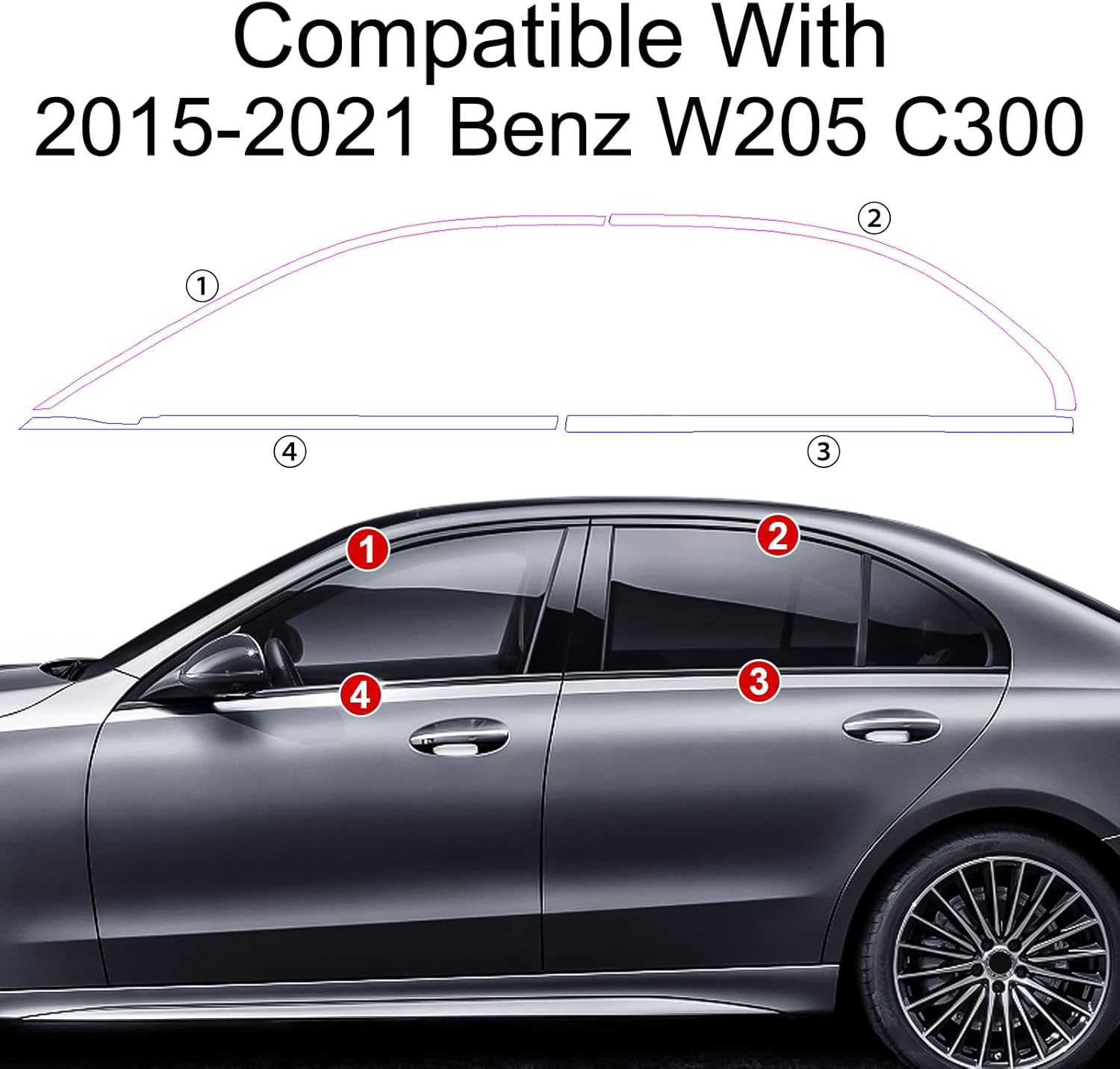 stainless steel window trim chrome delete for benz w205 c300 sedan 2015-2021 black window trim blackout kit 15-21 c-class