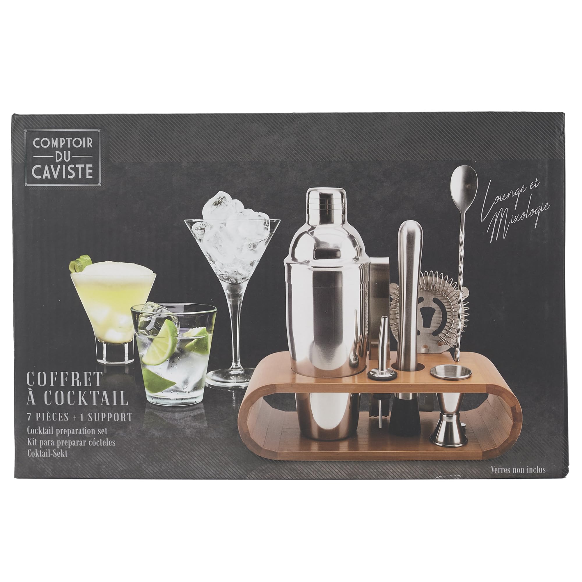 COOK CONCEPT - KV7303 Coffret Complet à Cocktail avec Support en Bambou - Shaker, Pilon, Passoire, Cuillère, Verre Doseur, Bouchon Verseur, Pince - 27.6 x 25 x 10.5 cm - Couleur Argent