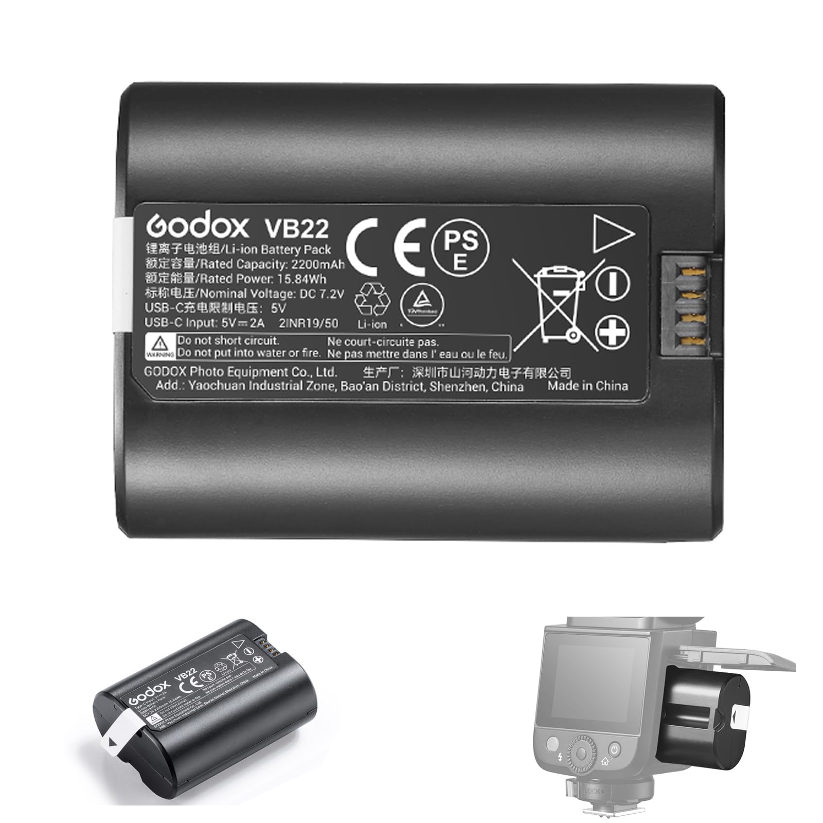 GODOX VB22 Batterie au Lithium pour Godox V480 V1MID V350 Flash, par Exemple V480S V480C V480N V480F V1Mid-N V1Mid-S V1Mid-C V1Mid-F V1Mid-O, 7,2V 2200mAh Batterie Rechargeable, Recharge Via USB-C