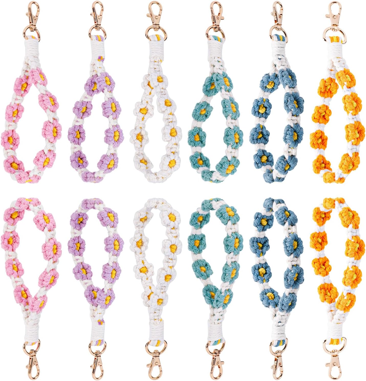 Mikovivi 12pcs Boho Macrame Wristlet Keychains - Handmade Daisy Flower Woven Bracelet Lanyards for Women, Car Keys & Bags