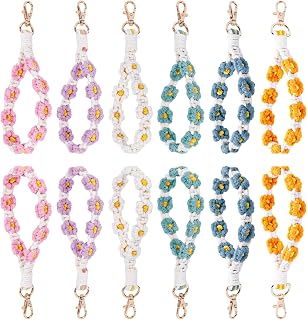 Mikovivi 12pcs Boho Macrame Wristlet Keychains - Handmade Daisy Flower Woven Bracelet Lanyards for Women, Car Keys & Bags