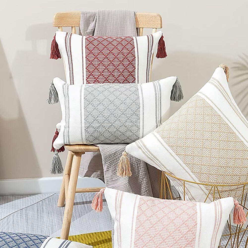 2 federe per Cuscini con Nappe Boho Decorative,Double-Face,con Accenti neutri,in Tessuto Trapuntato,in Cotone e Poliestere,per Divano,Camera da Letto,Stile Fattoria,Beige,