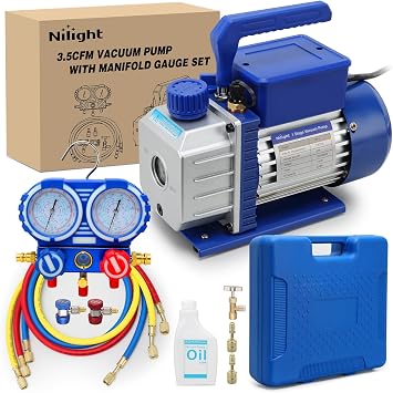 Nilight 3.5 CFM 1/4 HP 110V Single Stage AC Vacuum Pump Gauge Set Kit