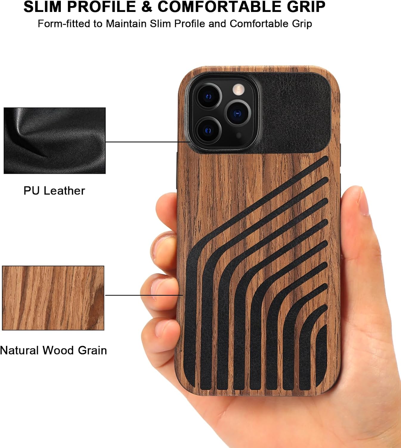 TENDLIN Compatible with iPhone 12 Pro Max Case Wood Grain with Carbon Fiber Texture Design Leather Hybrid Slim Case (Hairline) - Image 3