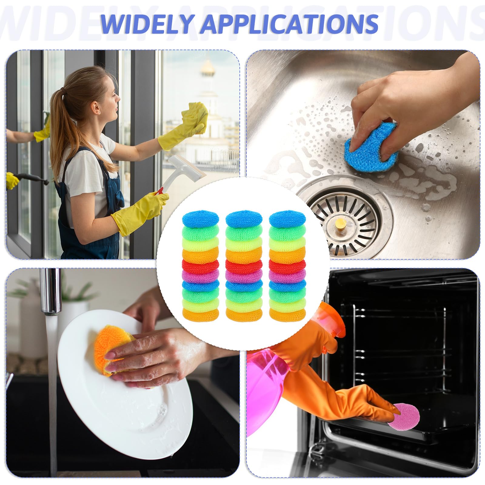 100 spugne in plastica per piatti, scrubber rotonde per pentole per cucina, antigraffio, 8,5 cm, in rete di nylon, riutilizzabili, per la pulizia della casa