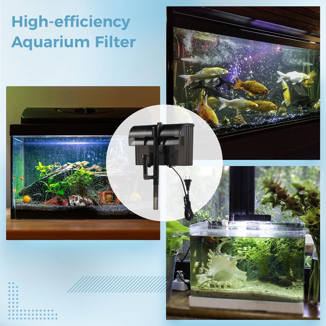 Double Waterfall Hang-On Fish Tank Filter with 2 Filter Sponges & 2 Activated Carbon Filter Plates, 158Gph Suspension Oxygen Aquarium Filter with Surface Skimmer, Aquarium Power Filter