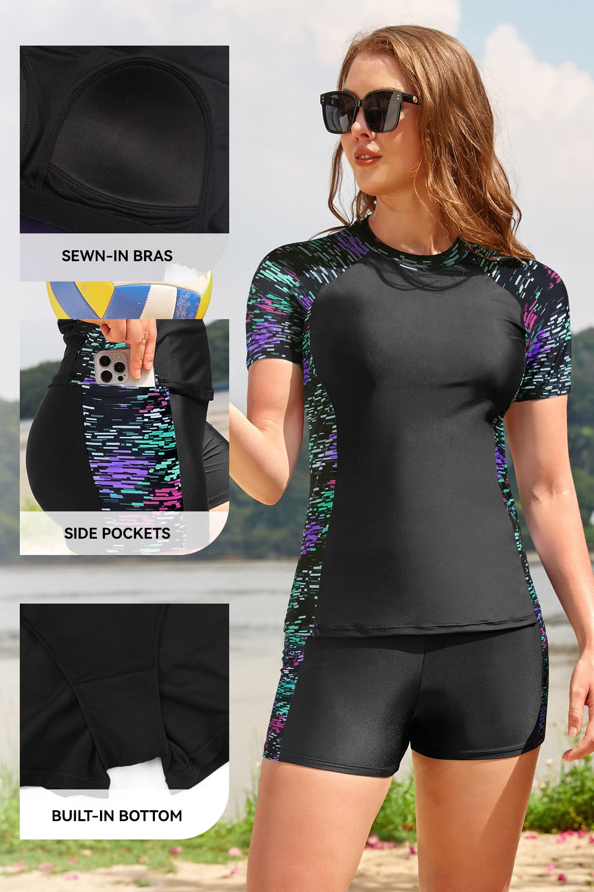 SHEKINI Maillot de bain 2 pièces Rashguard pour femme avec soutien-gorge intégré, maillot de bain à manches courtes et shorty avec poches