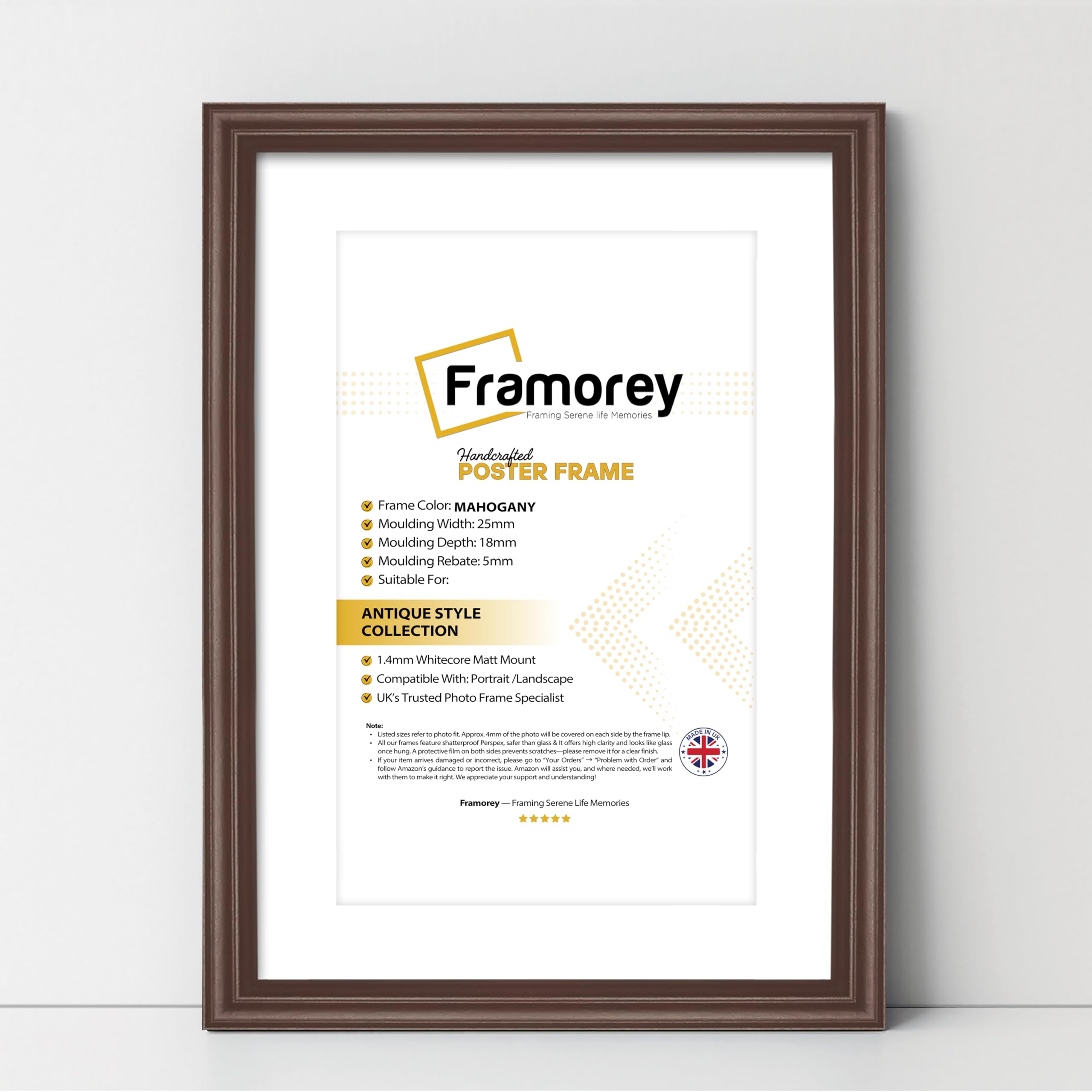 FRAMOREY LW Antique Style Photo Frames 24x20" Size Mahogany Picture Frame With 20x16" Size White Mount, Modern Art Picture Frames, Wall Hanging Poster Frame, Photo Print Frames