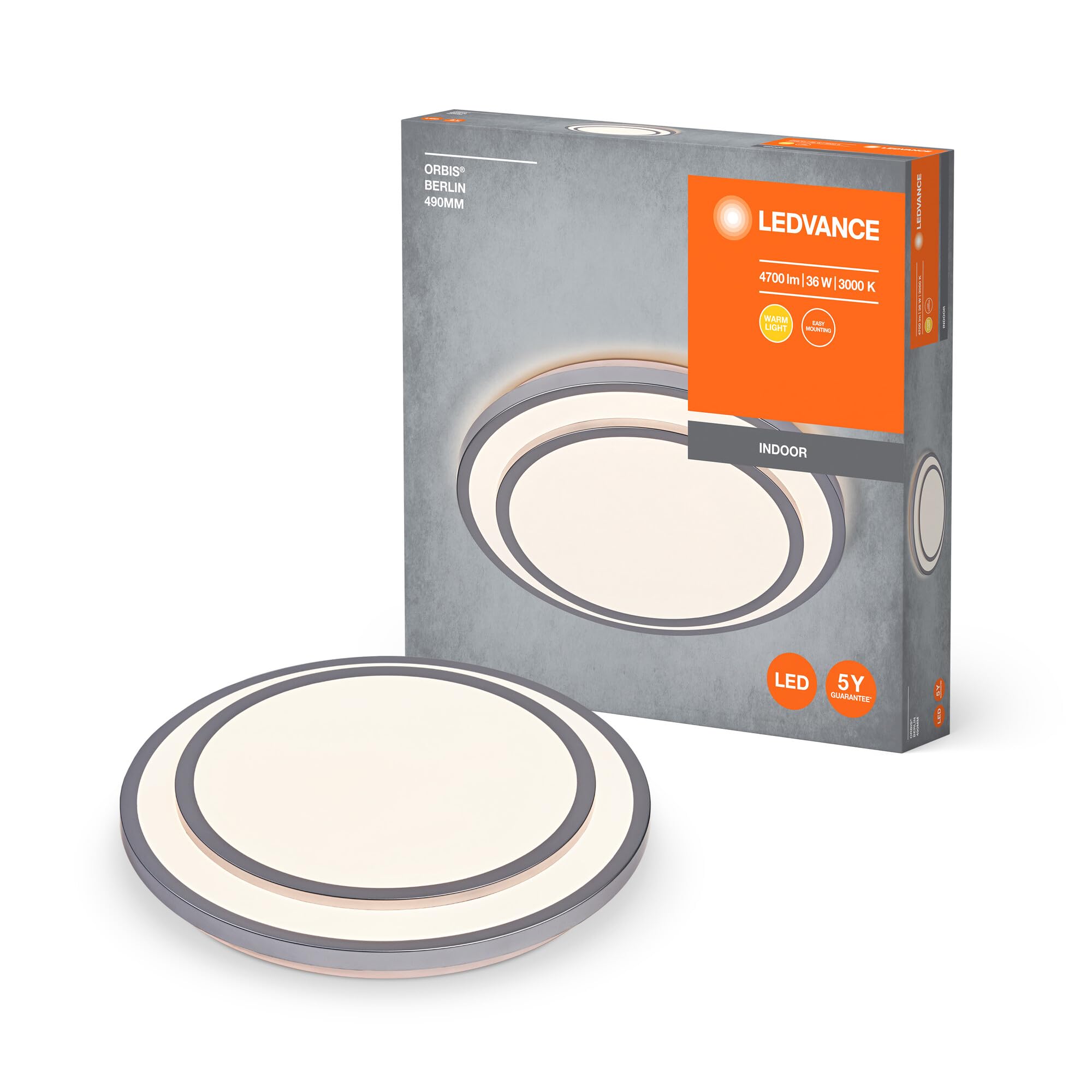 LEDVANCE Orbis Berlin Led Ceiling Light 490Mm, Silver, 36W, 4150Lm, Warm White Light Color, Very Homogeneous Light Distribution, Long Life, Non-Replaceable Led Module, Round, Ip20, 3000K