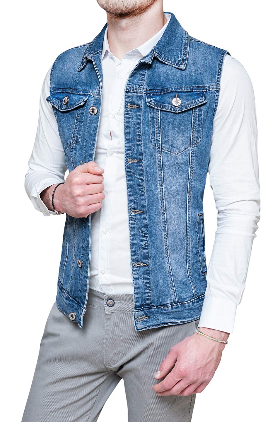 Evoga Giubbotto Smanicato Jeans Uomo Casual Denim Cardigan Gilet In Cotone