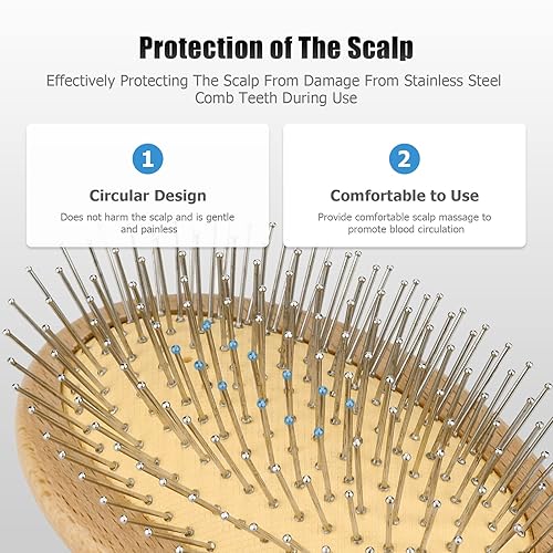 Miniatura 5 de Cepillo para el pelo, cerdas de madera, cepillo de masaje para el cuero cabelludo, de bambú, portátil, de madera, antiestático, con cojín de aire,