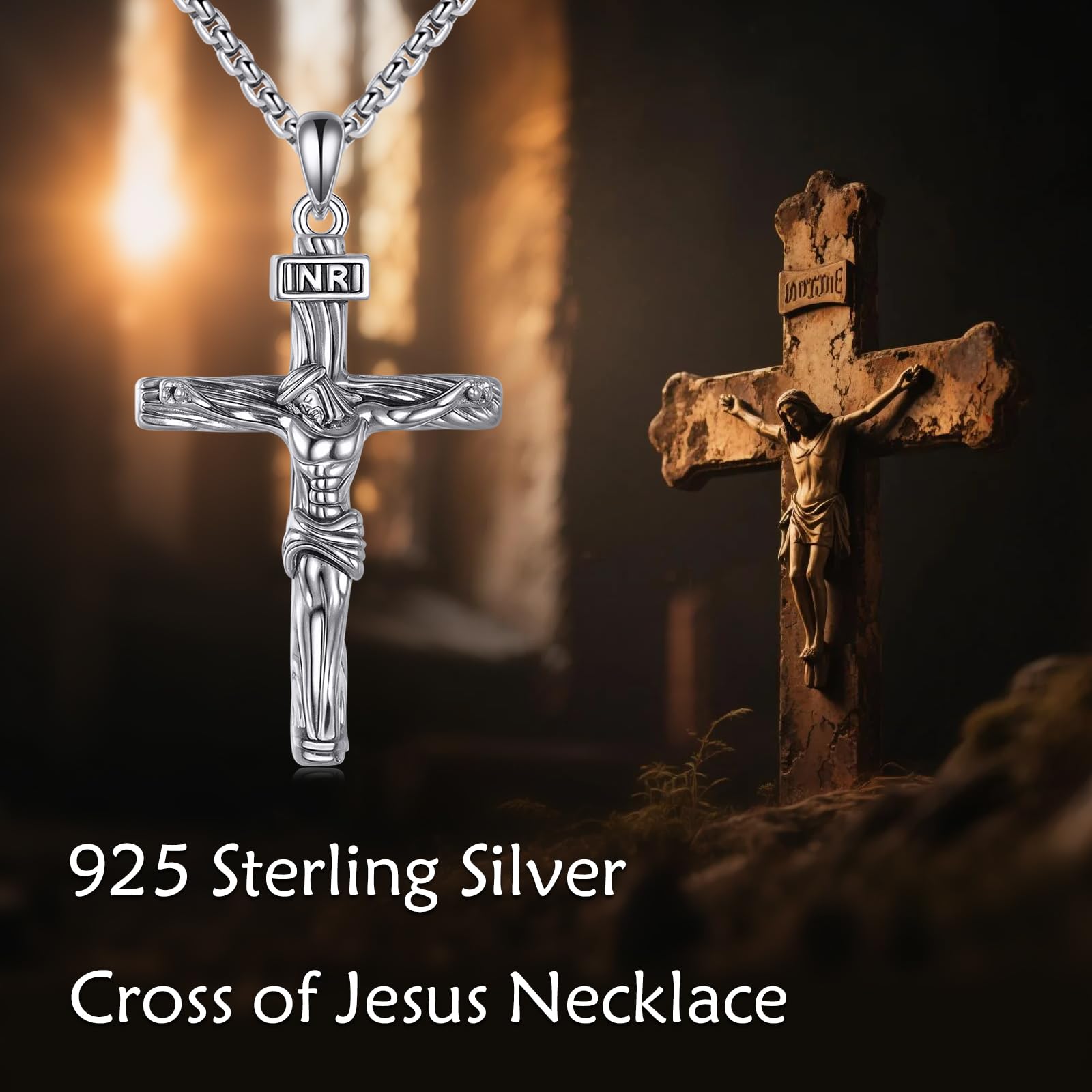 KZX Jesus Kreuz Halskette für Männer und Frauen 925 Sterlingsilber Kreuzigungsanhänger Religiöse Halsketten Jesus Schmuck Geschenke für christliche Gläubige