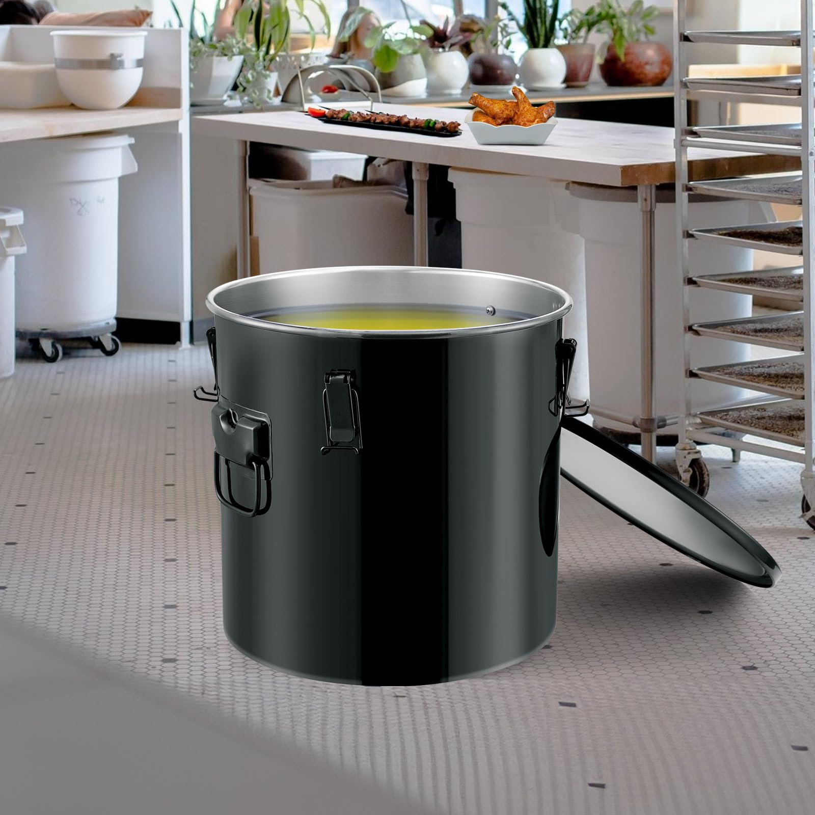VEVOR Secchio per Grasso per Friggitrice, Contenitore per Smaltimento Olio da 10 Gal Acciaio Inox, Contenitore per Trasporto Olio con Coperchio, Clip di Chiusura, Nero