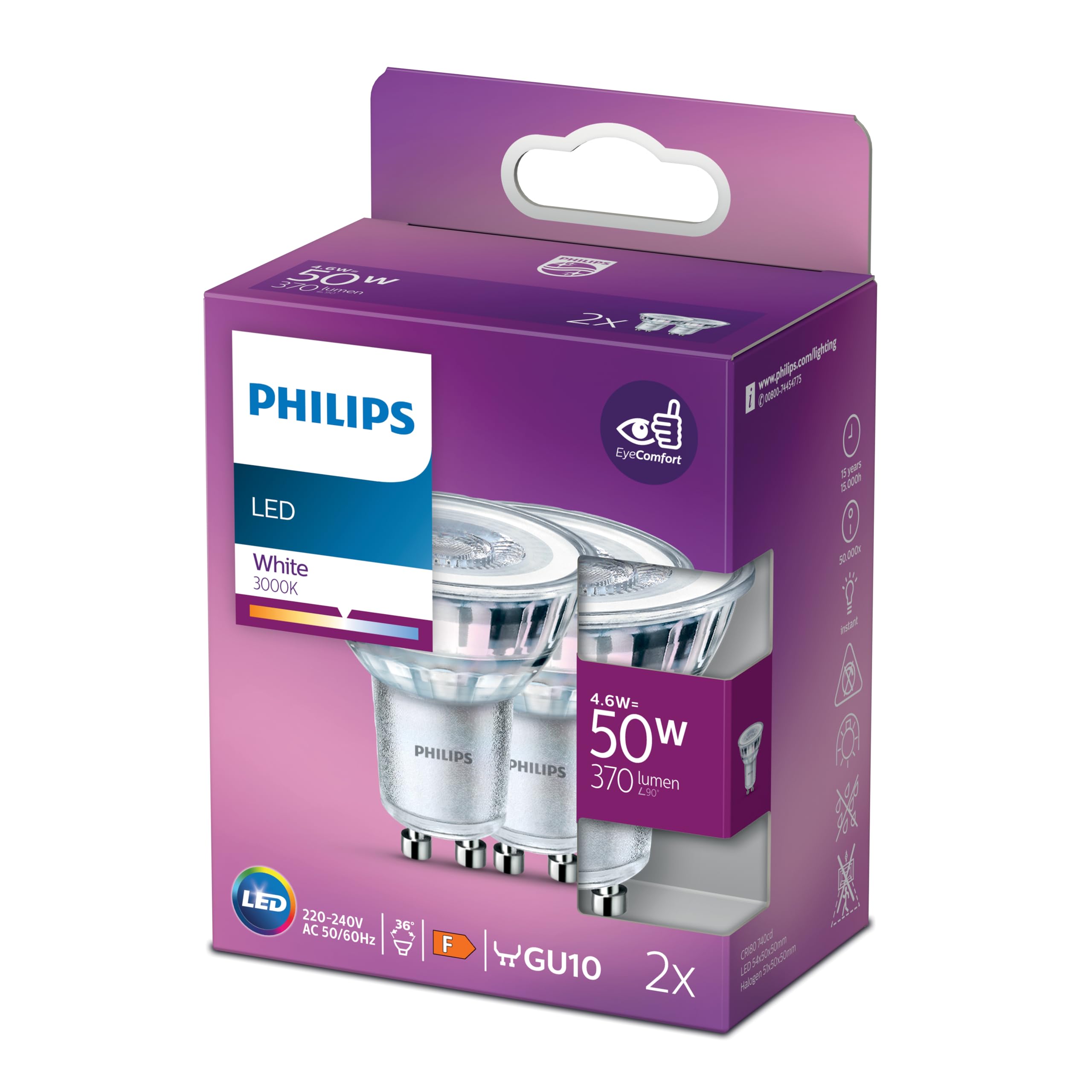 Philips LED Classic, confezione da 2 [GU10 Spot] 4,6 W - 50 W equivalente, 220 - 240 V, bianco 3000 K (non dimmerabile)