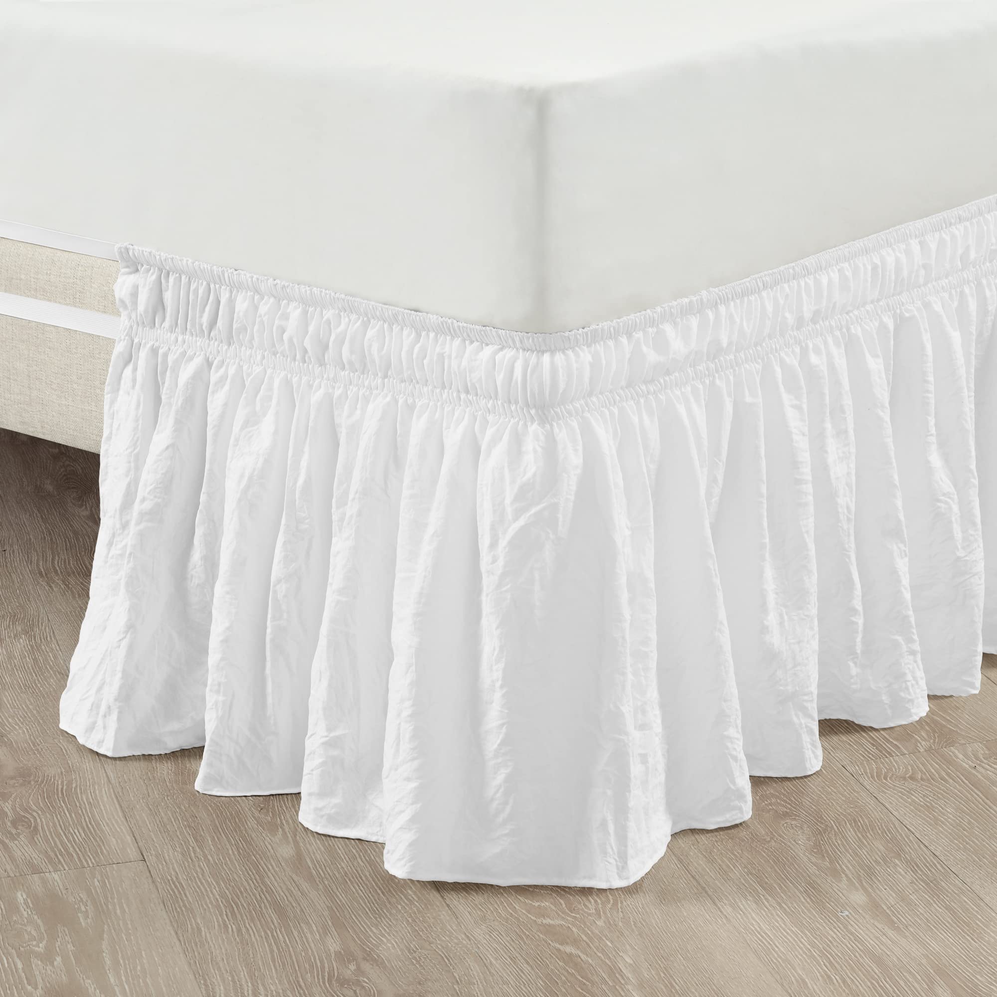 Lush Decor Ruched Ruffle Elastic Easy Wrap Around Bedskirt, Queen/King/Cal King, Bleach White