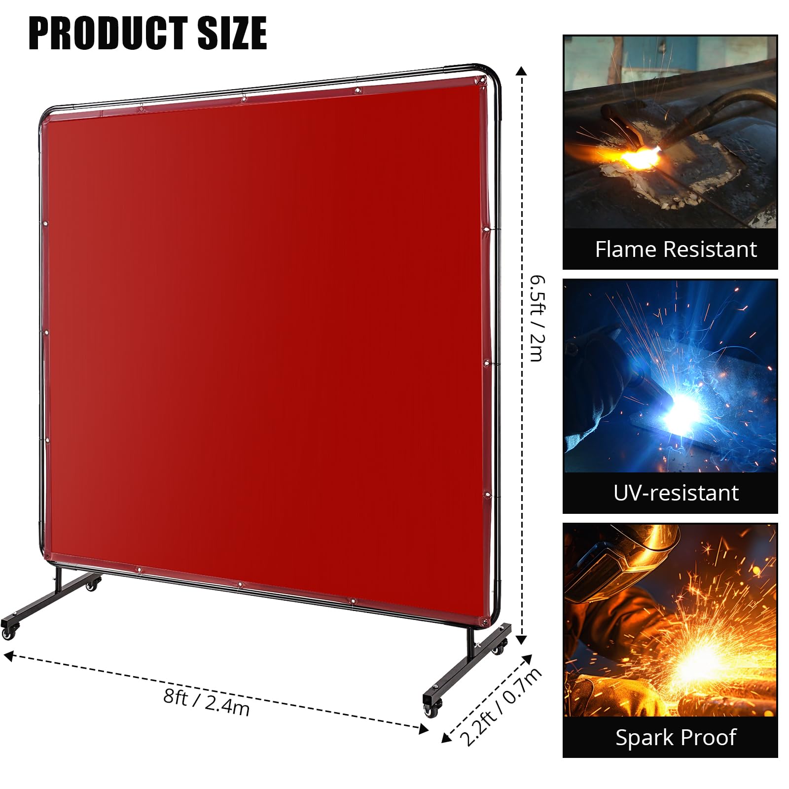 Pantalla de Soldadura 244 × 183 cm Vinilo Ignífugo Biombo Protección Industrial con Ruedas Separador Taller Soldar Color Rojo