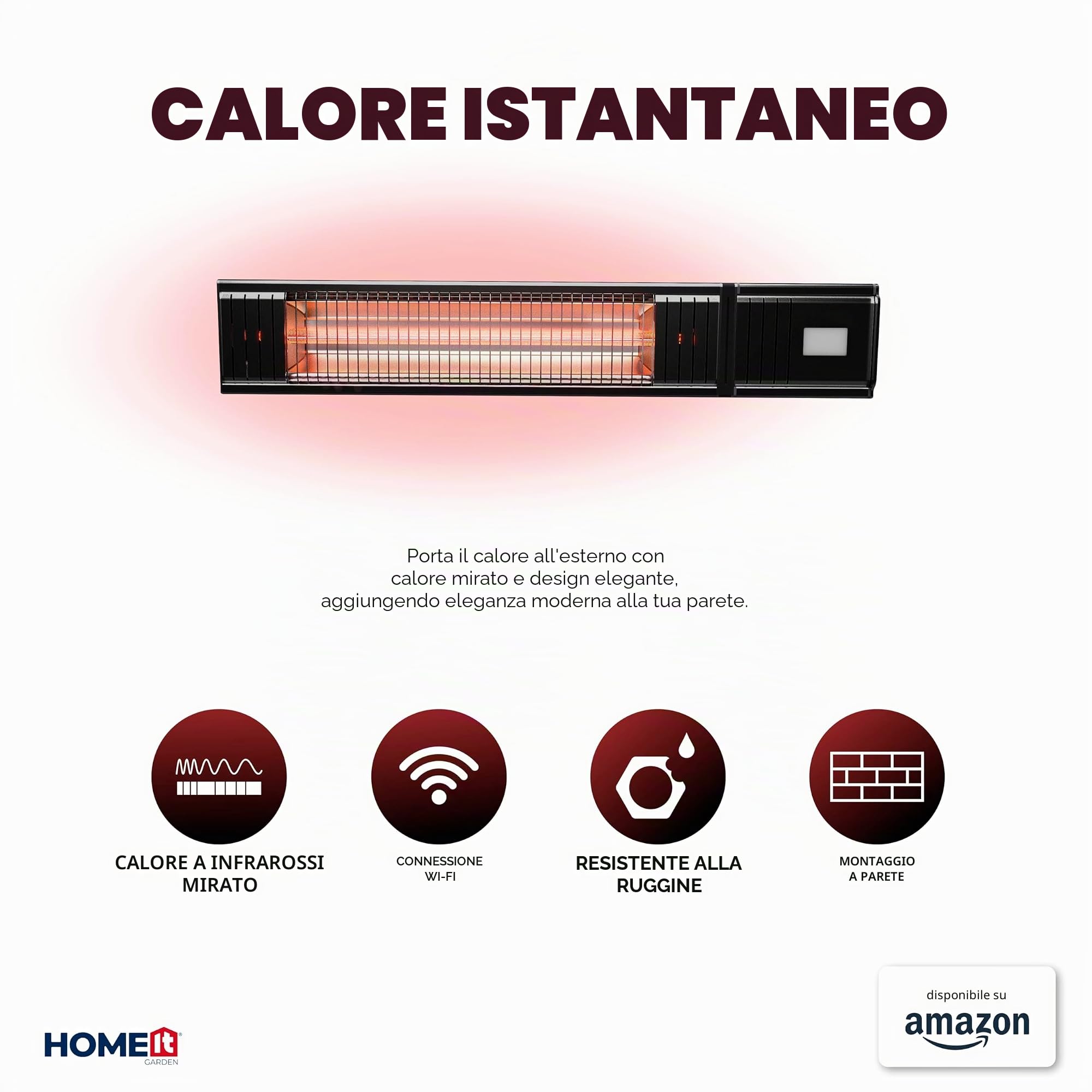 HOME It® Stufa da Esterno a Infrarossi 2000W con WiFi – Riscaldatore da Parete con Telecomando e App – Impermeabile IP65, 9 Livelli di Potenza, Timer 24H