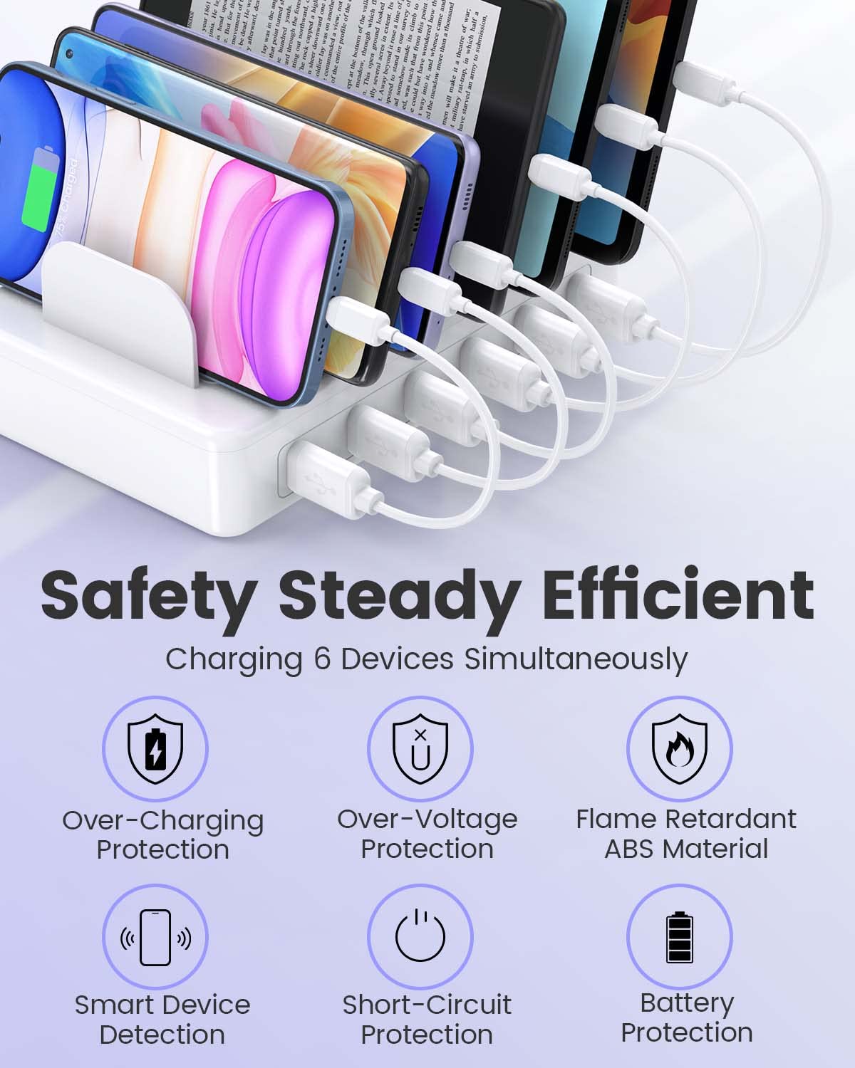Ladestation für mehrere Geräte Apple, CREATIVE DESIGN 50W Multi Ladestation mit 6 USB Ports & 6 Kabel, Ladestation für Apple, Android Handy, iPad, Kindle, Tablet und andere elektronische