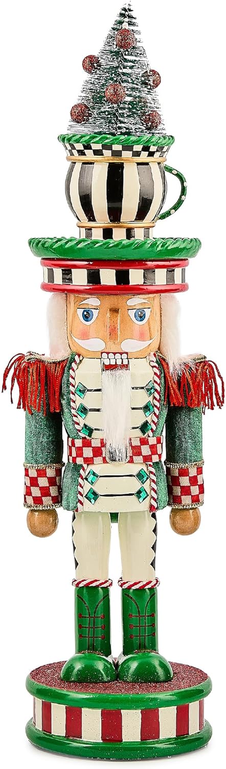 MACKENZIE-CHILDS Decorative Nutcracker Figurine, Wooden Nutcracker Christmas Home Decor, Check It Out Teacup