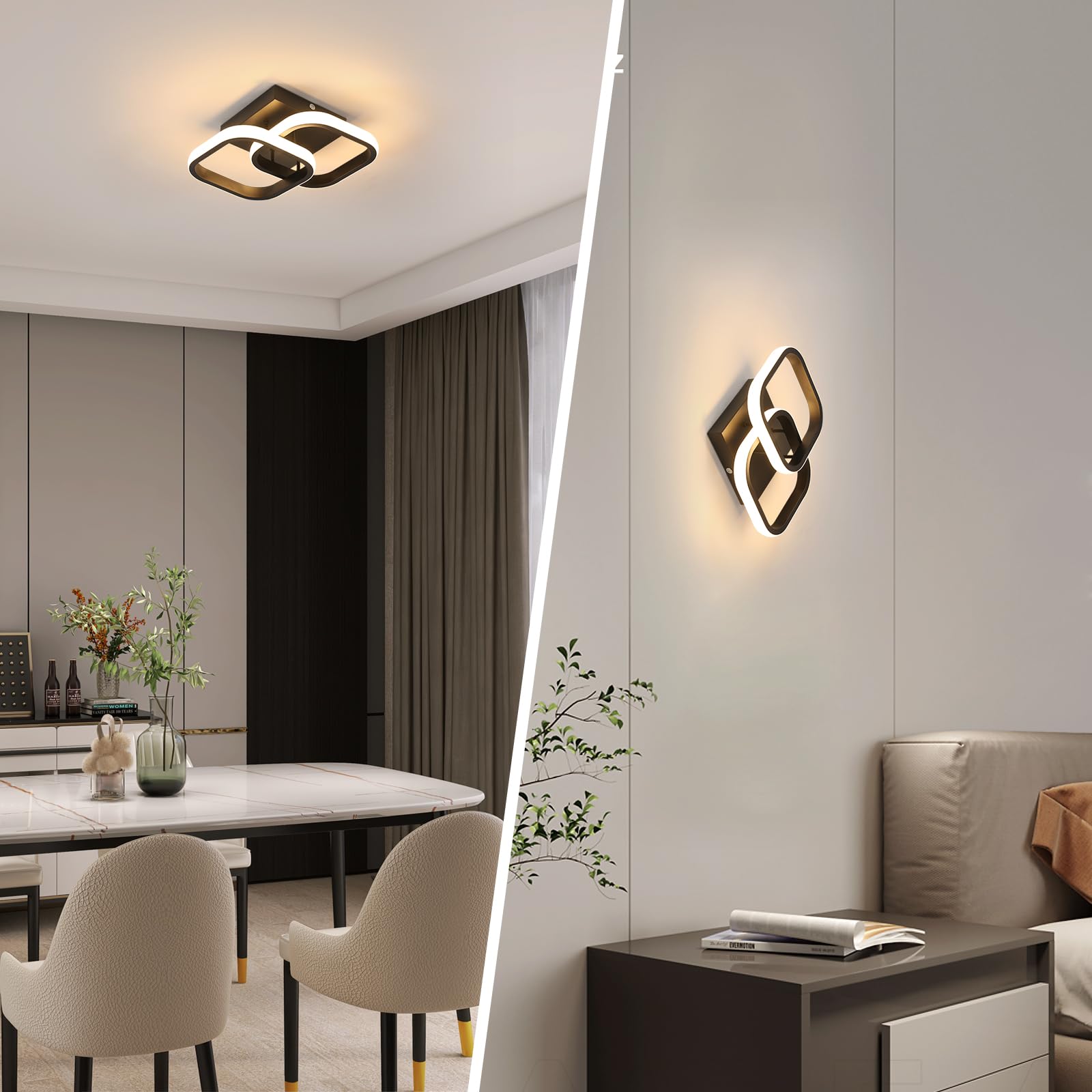 2 Stück LED Deckenleuchte 22W Deckenlampe Warmweiß 3000K, Schwarz
