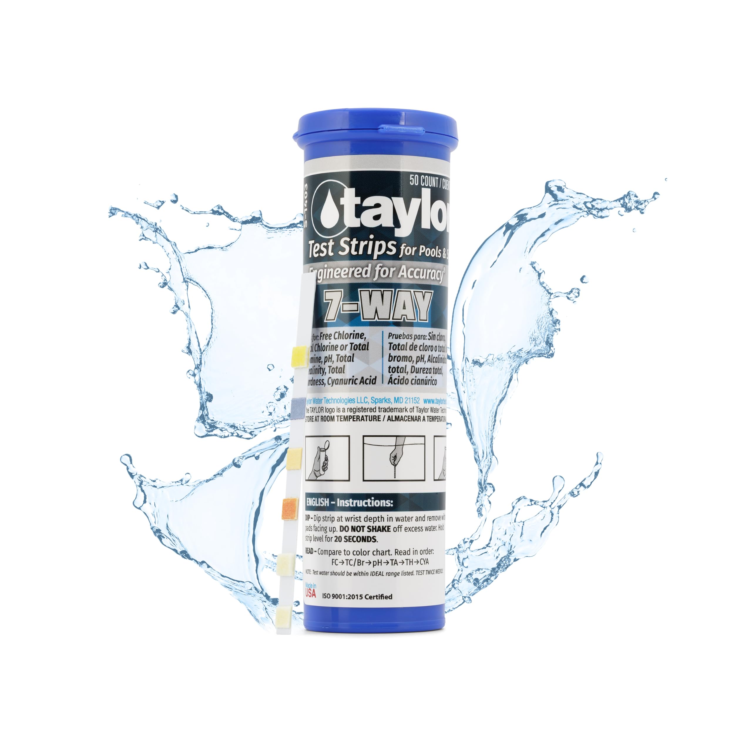 Taylor S-1403, Pool & Spa Test Strips for Free/Total Chlorine, Bromine, pH, Total Alkalinity, Total Hardness and Cyanuric Acid, 50 Test Strips, sureTREAT™ Application | Made in USA-image-24