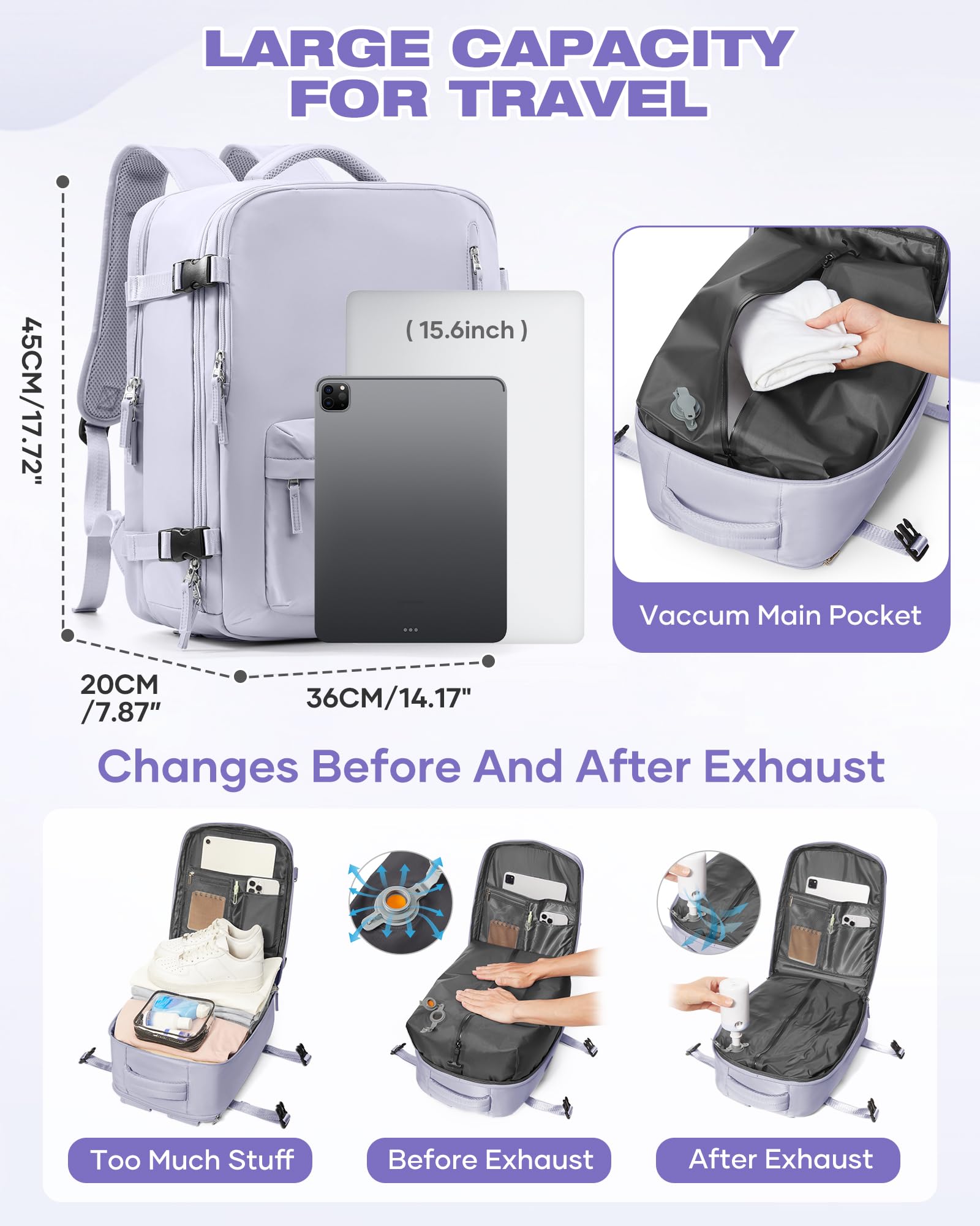 SZLX Zaino Ryanair 40x30x20 Sottovuoto con pompa Zaino Ryanair 40x20x25 Sottovuoto Bagaglio a Mano 40x30x20 Wizzair Zaino da Viaggio 45x36x20 Easyjet Donna Zaino Casual Laptop 14 Pollici Impermeabile
