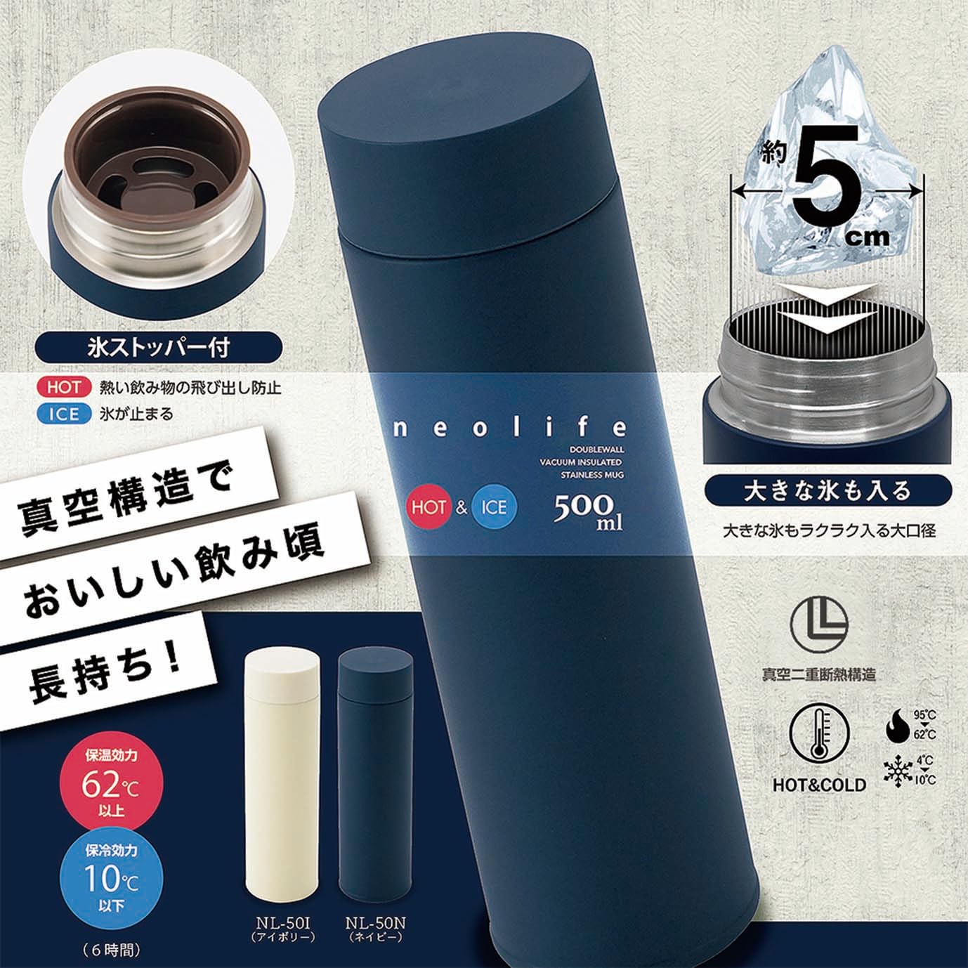 Amazon｜カクセー マグボトル 水筒 500ml ネイビー 真空二重構造