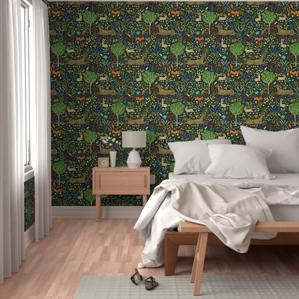 Removable Wallpaper 3ft x 2ft - Animals Deer Fox Forest Flowers Rabbit Custom Pre-Pasted Wallpaper by Spoonflower
