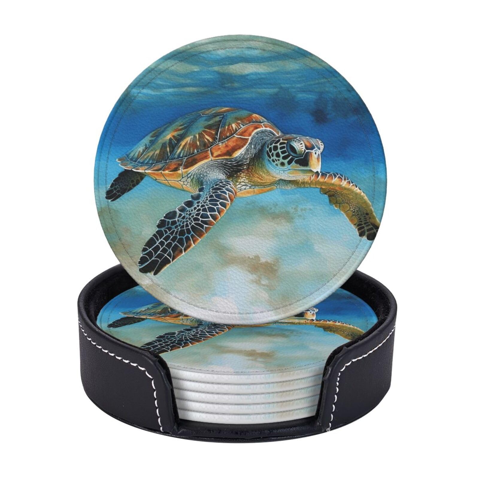 6PCS Drink Coasters with Holder, 4" Leather Coasters for Drinks, Sea Turtle Cup Coasters for Coffee Table Decor, Non-Slip Drinking Cup Mat for Hot or Cold Drink