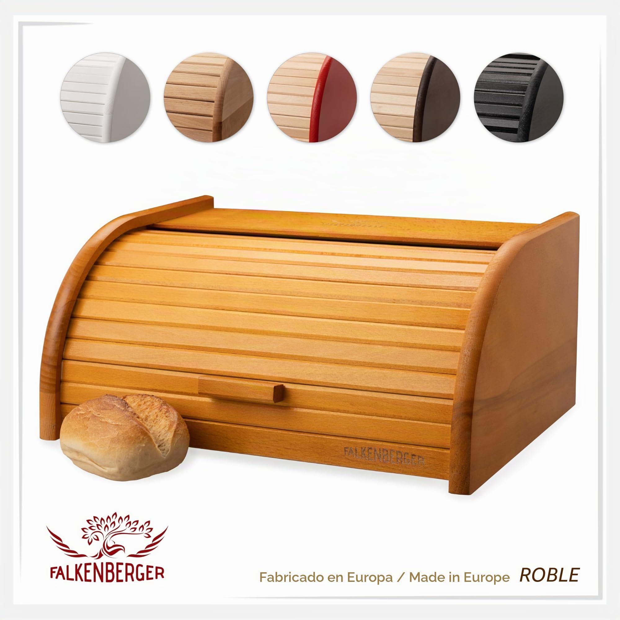 Panera de madera de haya de aproximadamente 39x29x18 cm, panera de pan enrollado tradicional con tapa enrollable hecha a mano