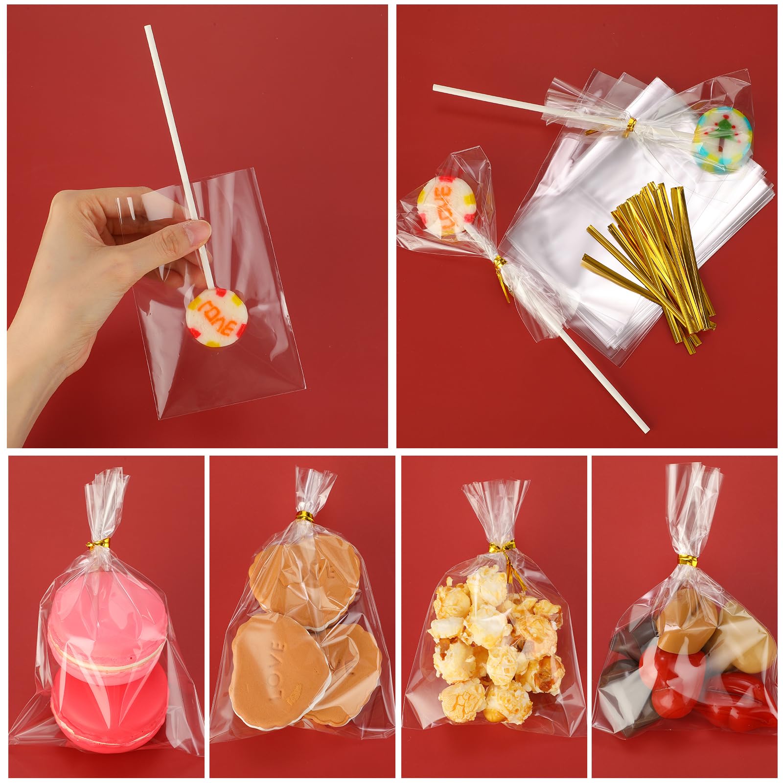 Seajan 600 Stück 15,2 cm Cake Pop Sticks und Wrappers Set inkl. 600 Stück Lollipop Stick 600 Stück transparente Leckerlibeutel 600 Stück Gold Twist Krawatten Herstellung Werkzeuge für DIY Lutscher,