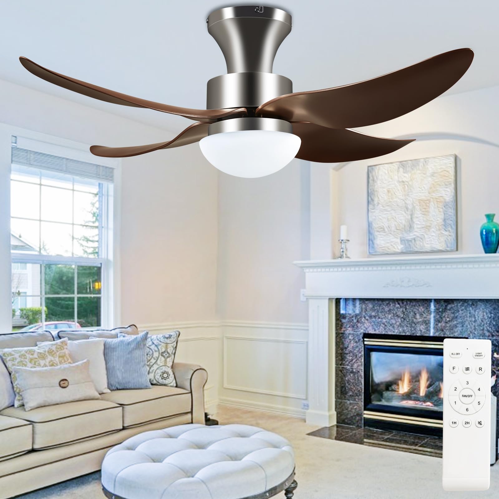 LUZHOY Flush Mount Ceiling Fans with Lights, 42-inch Low Profile Ceiling Fans with Remote, Reversible 3 Colors Dimmable 6 Speeds Outdoor Ceiling Fan for Patio Farmhouse Bedroom Dining Room