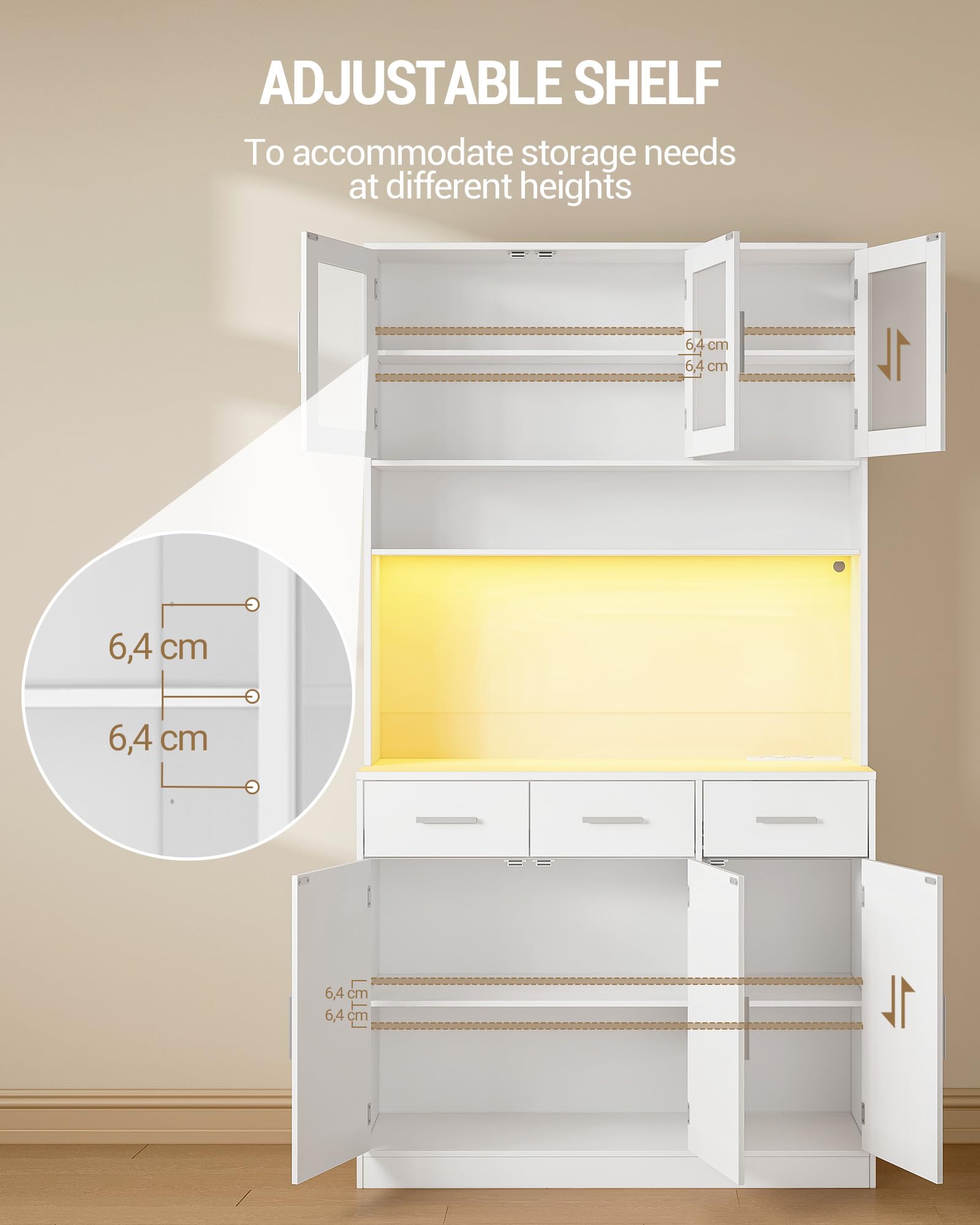 Hzuaneri Buffetschrank, Küchenschrank mit 3 Schubladen, Hochschrank | mit Steckdosenleiste und LED, 3 Schranktüren mit Glasfront, Küche, Wohnzimmer, 40 x 100 x 190 cm, Weiß, PT10103XEU