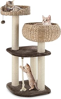 Tangkula Modern Cat Tree for Indoor Cats, Small/Tall Cat Tree with Natural Sisal Scratching Post, Hand-Made Wicker Cat Condo & Top Perch, Funny Hanging Toy Ball, Cute Cat Tree Tower for Large Cats