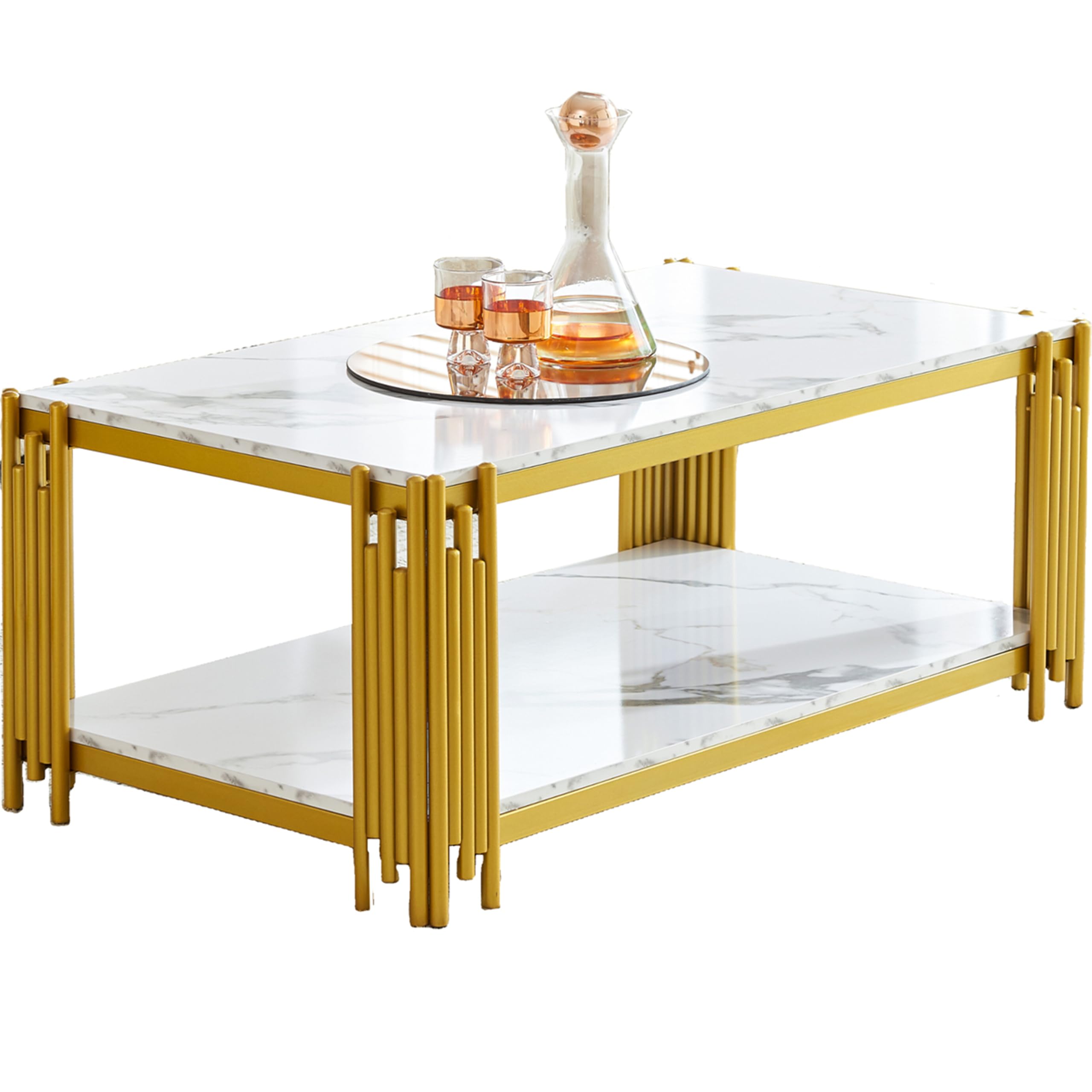 44.8" White Marble Coffee Table with Storage, 2-Tier Rectangular Faux Marble Cocktail Table with Gold Metal Frame, Luxury Center Table Living Room