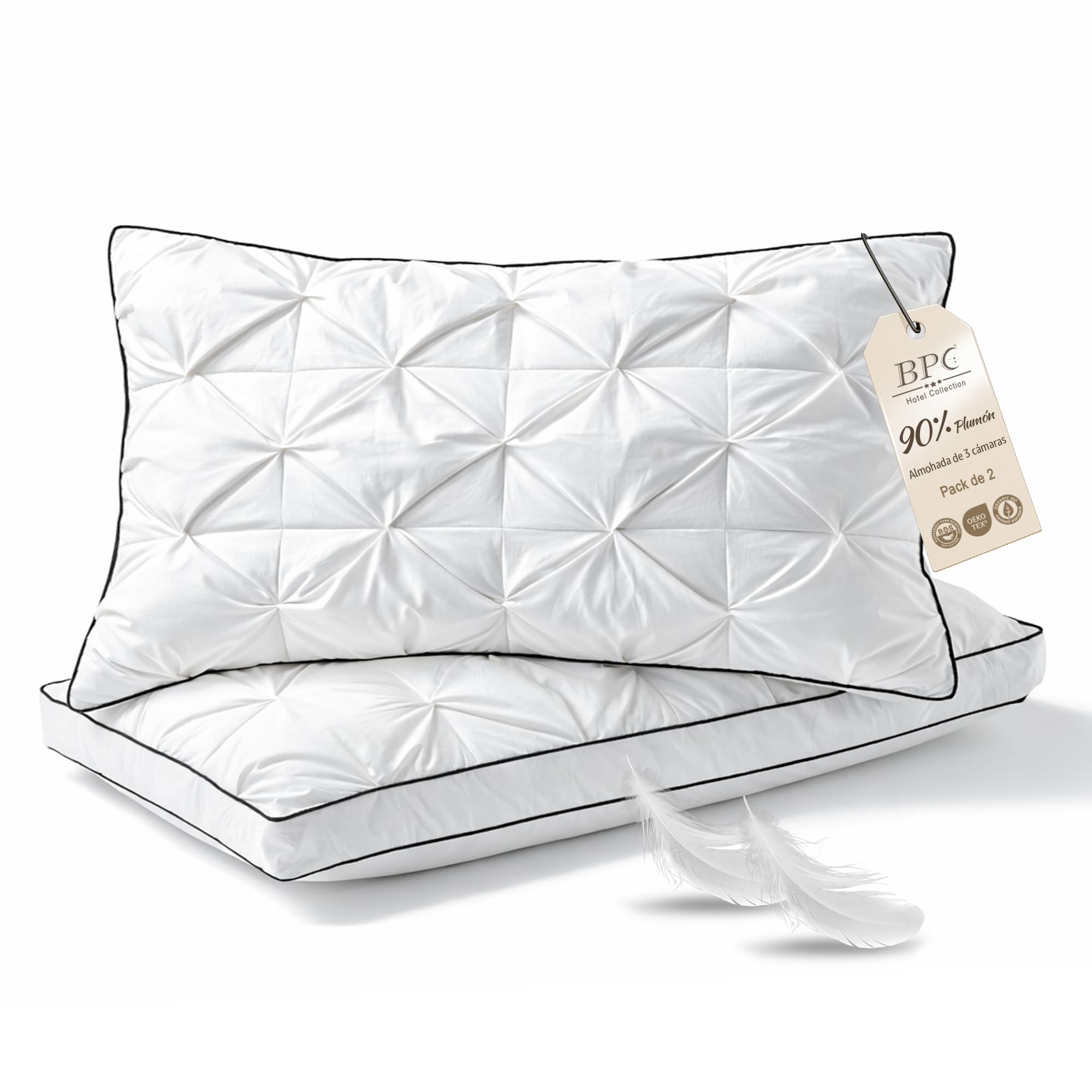 BPC Almohada de plumón 40x80 cm Pack de 2, Almohada 3 Cámaras con 90% Plumón Exterior y Relleno Que Contiene Plumas, Suave con Buen Soporte, Funda 100% algodón orgánico, Lavable