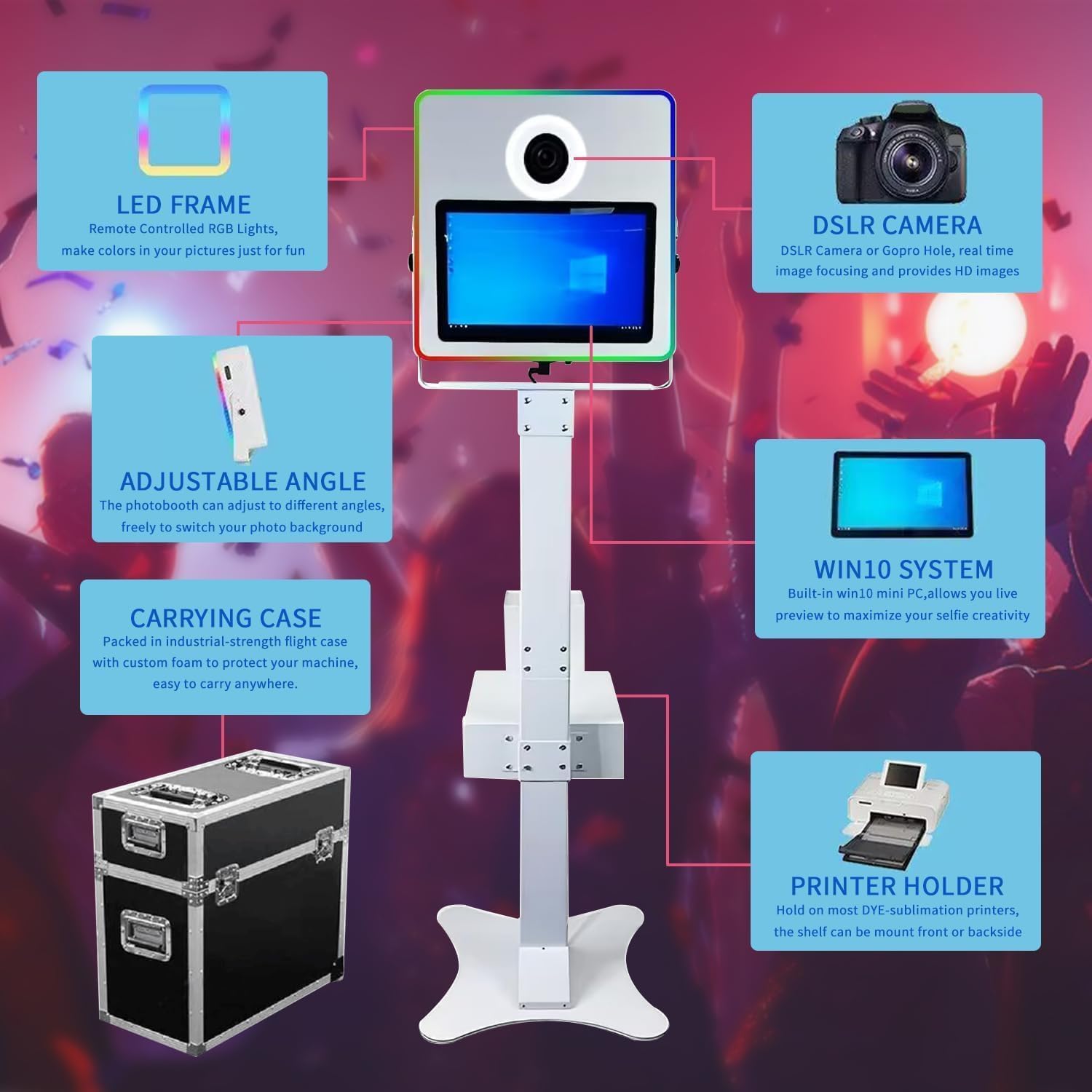 Photomaton portable avec appareil photo reflex numérique et imprimante 15,6 pouces écran tactile Selfie Photobooth Machine avec mini PC RGB Cadre lumineux pour fête de mariage événement Location Pack