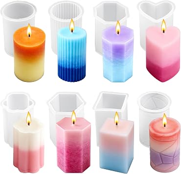 8PCS Reusable Silicone Candle Molds Set - Cylinder/Hexagon/Octagonal/Heart/Flower/Square Shapes for DIY Candle Making, Soap, Resin Crafts, Easy Release Candle Making Kit 8, Cylinder & Hexagon