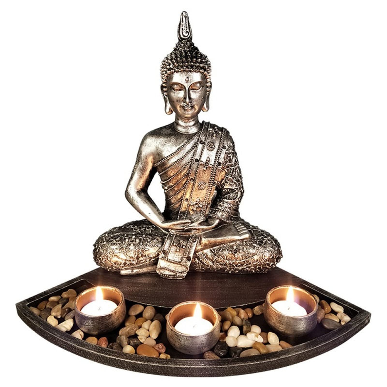 SBJKLYRN Candleholder, Japanese Buddha Statue Sitting Candle Holder Silver Buddha Zen Garden Candle Tray Home Decorations