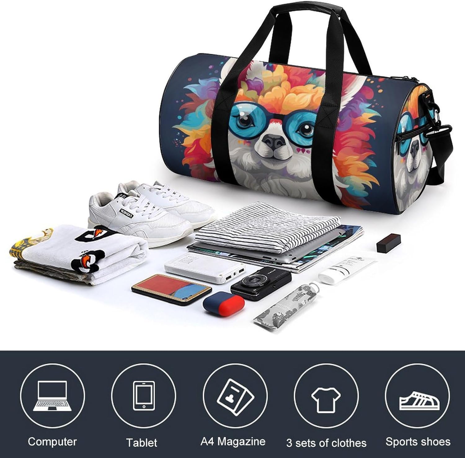 Alpaca Avatar Sport Gym Duffle Travel Bag for Women Men Overnight Weekender Bag with Shoe Compartment,Wet Pocket, 17.7in/9in/9in, style-28