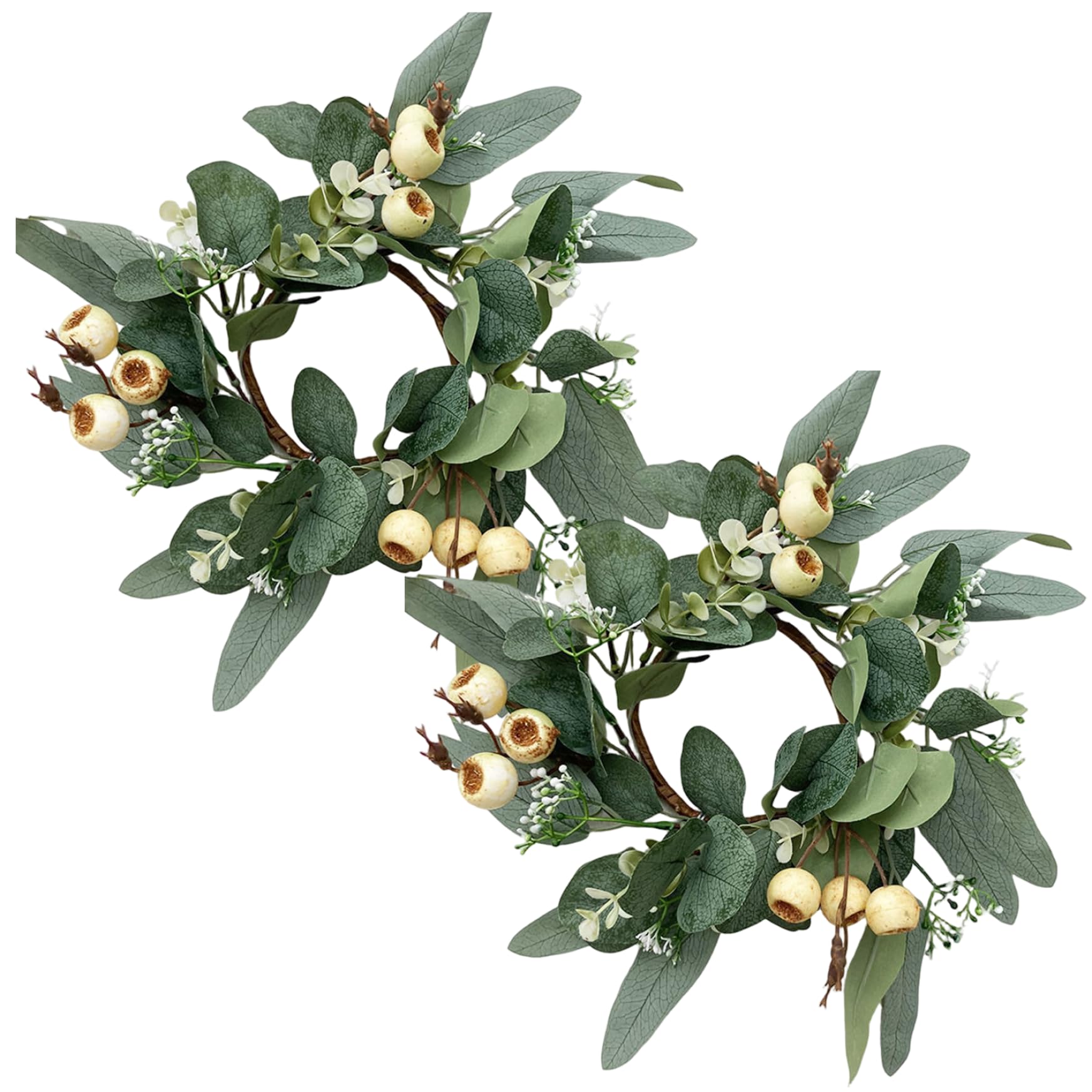 2Pcs Small Eucalyptus Wreath, Spring Green Candle Rings Wreaths with Berries Small Boho Wreath for Wedding Cabinet Door Tabletop Decor