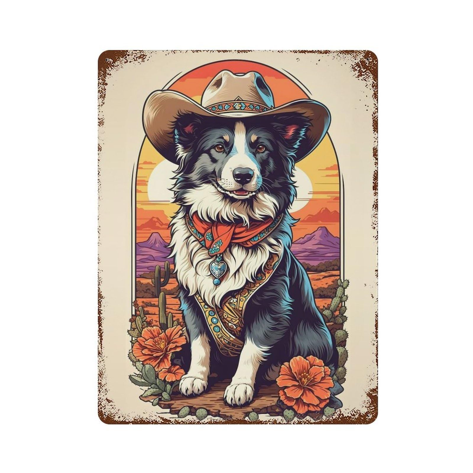 Garage Style Border Collie Cowboy Aged Metal Wall Plaque 15.7"x11.8", Farmhouse Wall Decor for Bar And Workshop
