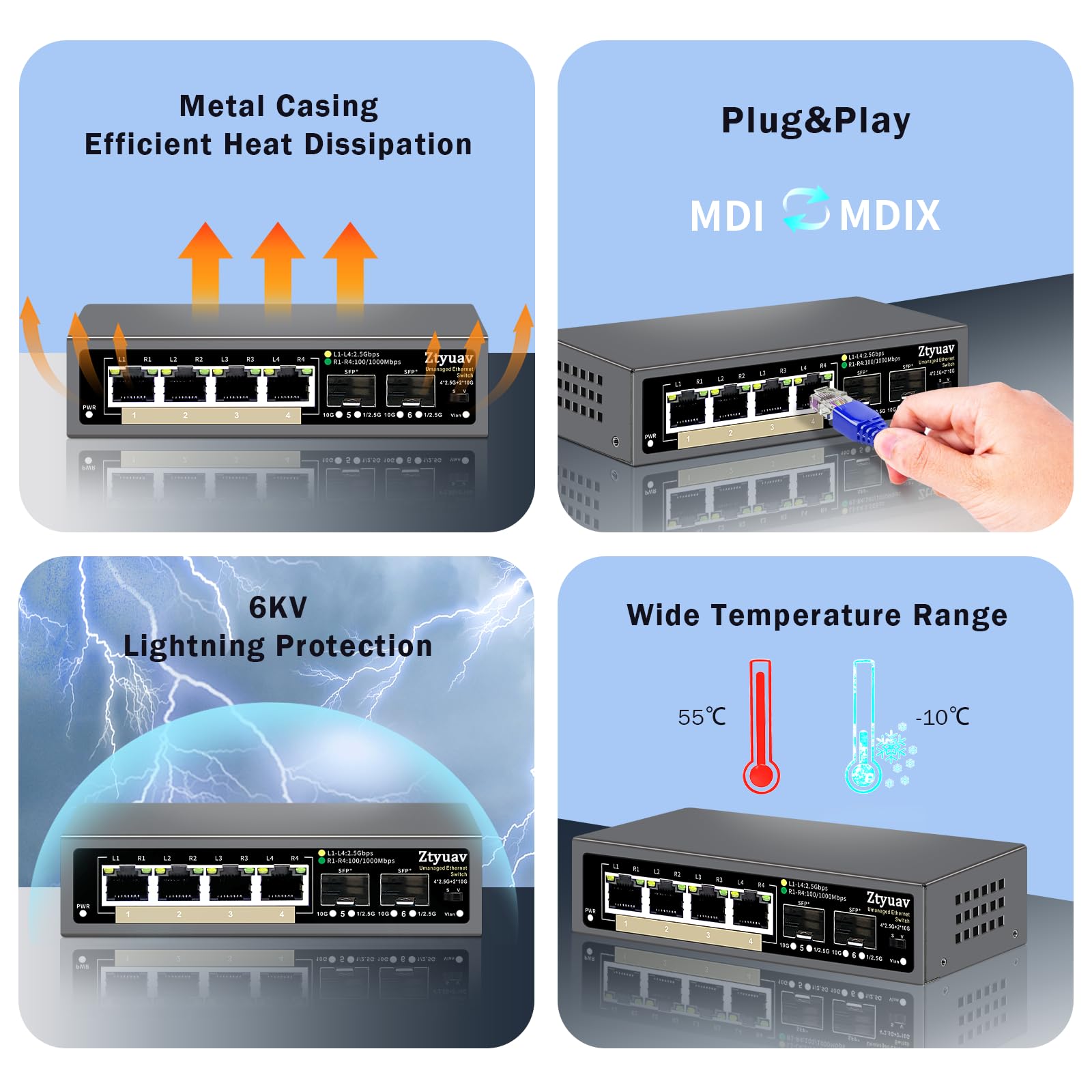 6-portowy niezarządzany przełącznik Ethernet 2,5 G z 4 portami RJ-45 Base-T 2,5 G, 2 x 10G SFP+, prędkość portów automatyczna negocjacja - 100/1000/2500 Mb/s, jednoprzyciskowa VLAN, Plug & Play