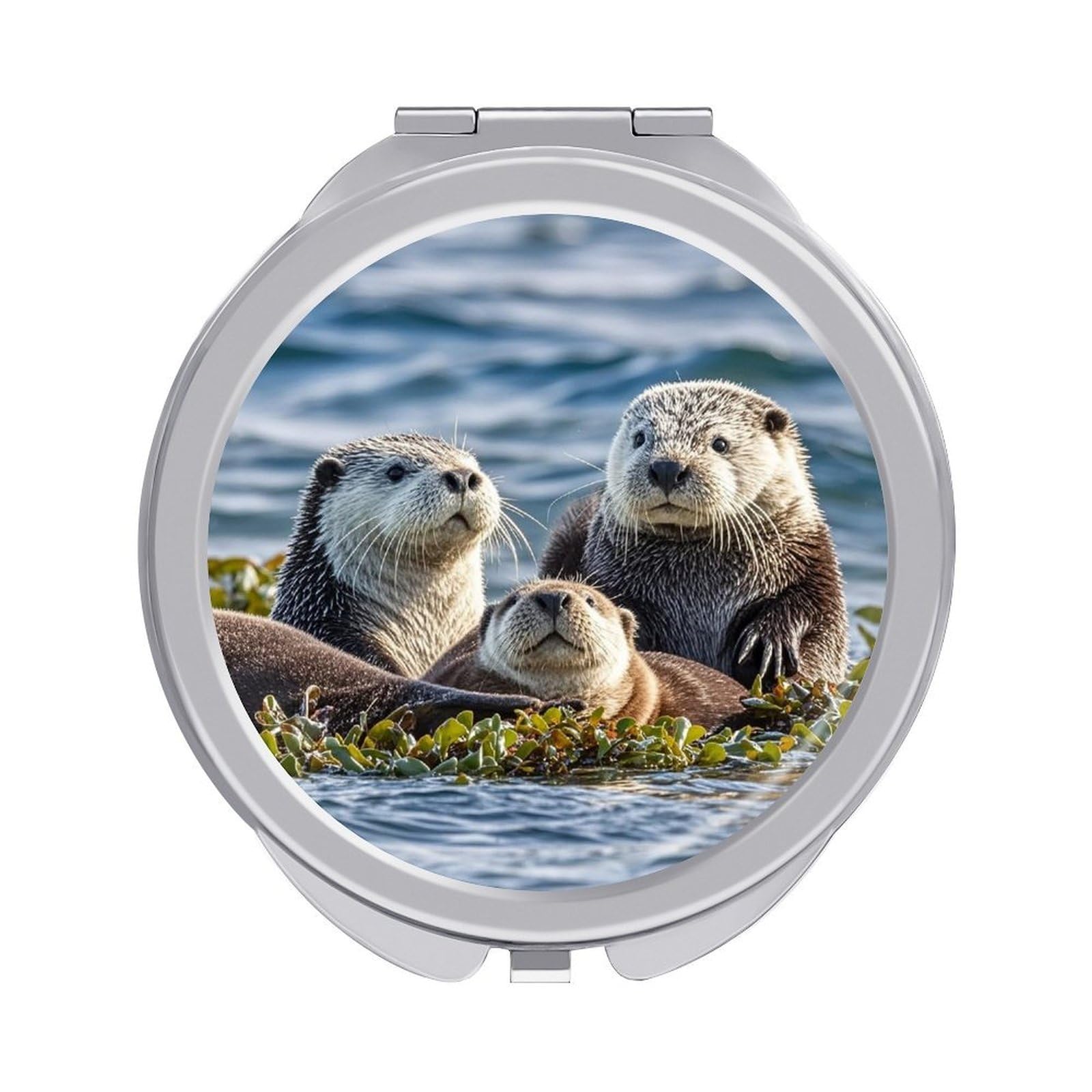 FekiLoot Sea Otters Travel Makeup Mirror for Women Folding Portable Hand Compact Mirrors Small Round Vanity Mirror 1X/2X Magnifying Metal Pocket Makeup Mirrors