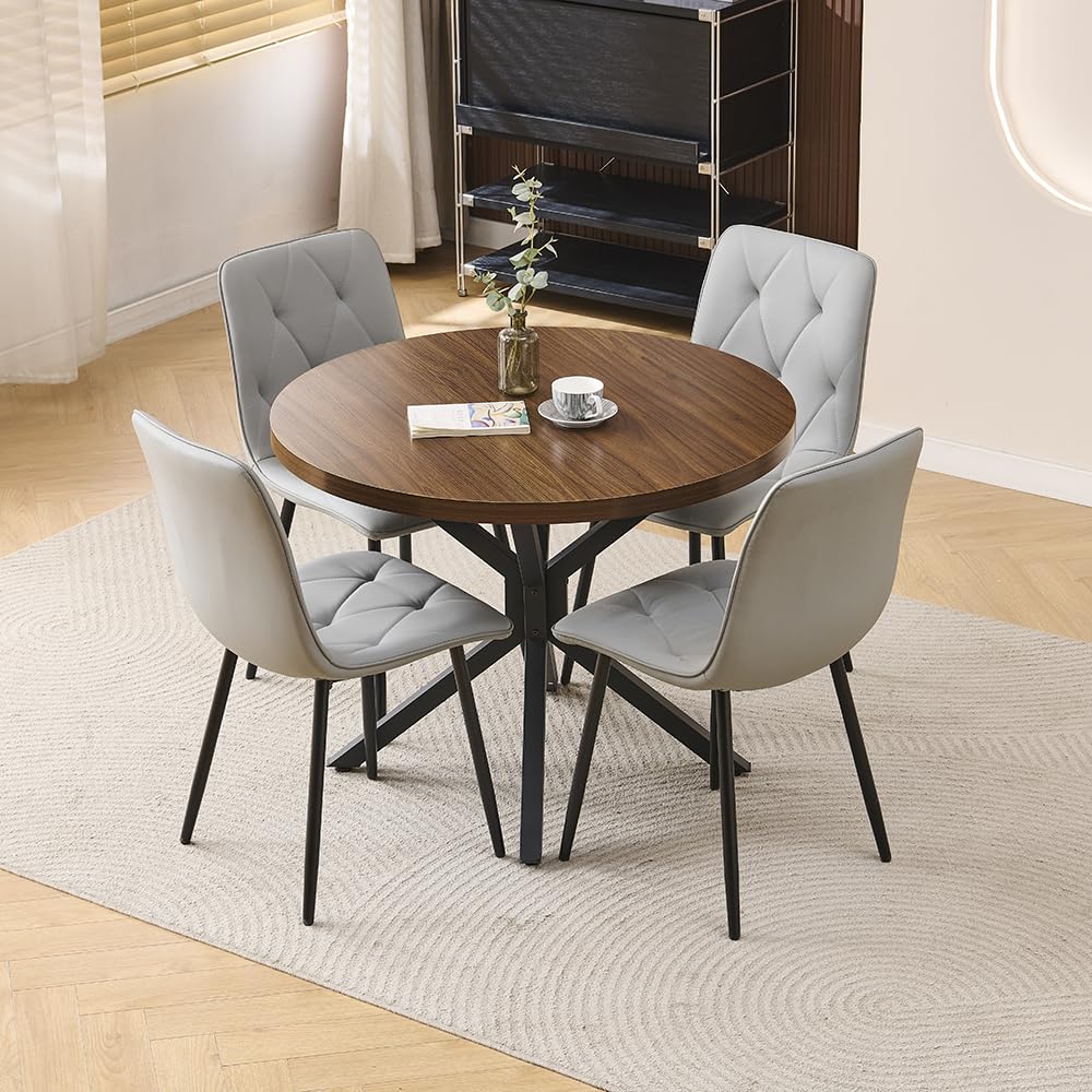 Menaka Round Dining Table and Chairs Set of 4 for Kitchen Diner, 5 Pieces Oak Wood Table with 4 Chairs for Compact Dinette Restaurant (4 argyle grid grey Leather chairs, 95cm Walnut Brown Table)