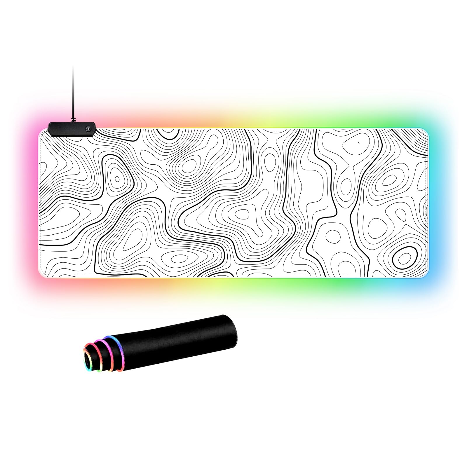 Podkładka pod mysz RGB LED podkładka na biurko duża gamingowa podkładka pod mysz biała z czarnym wzorem topograficznym linii, podkładka pod klawiaturę XL podkładka pod mysz do domu i biura (biała z