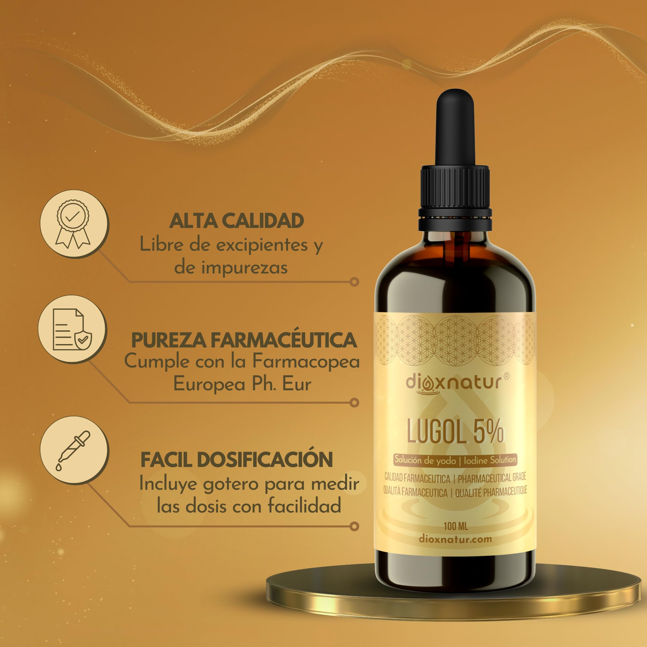Solución de Lugol 5% Calidad Farmacéutica 100ml | Gotas de Yodo Líquido y Yoduro de Potasio con Pipeta Dosificadora Precisa