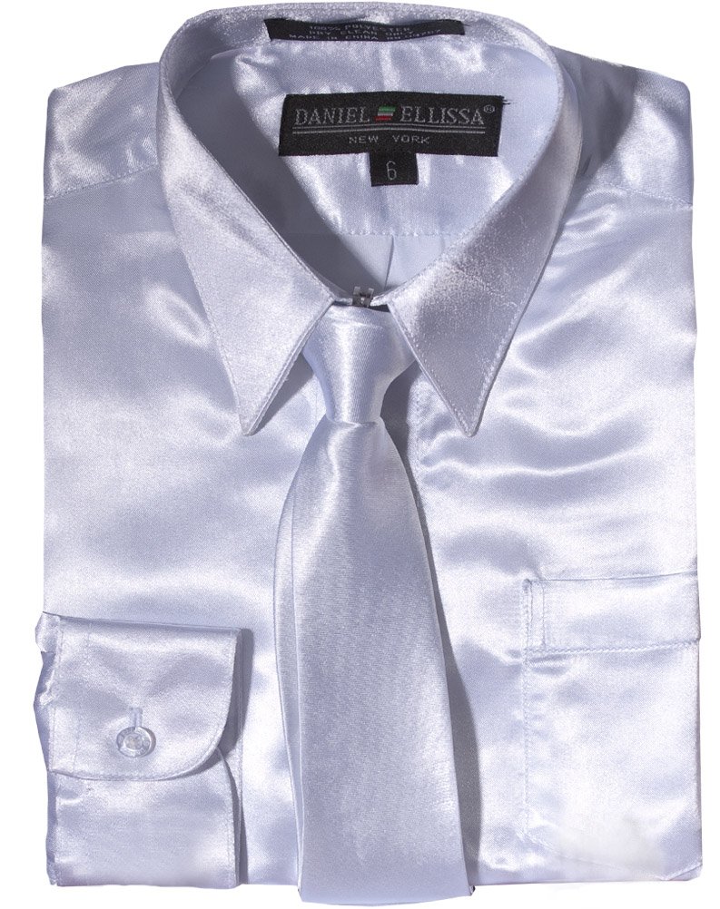 Daneil Ellissa Boys Long Sleeve Satin Dress Shirt with Matching Tie and Pocket Square