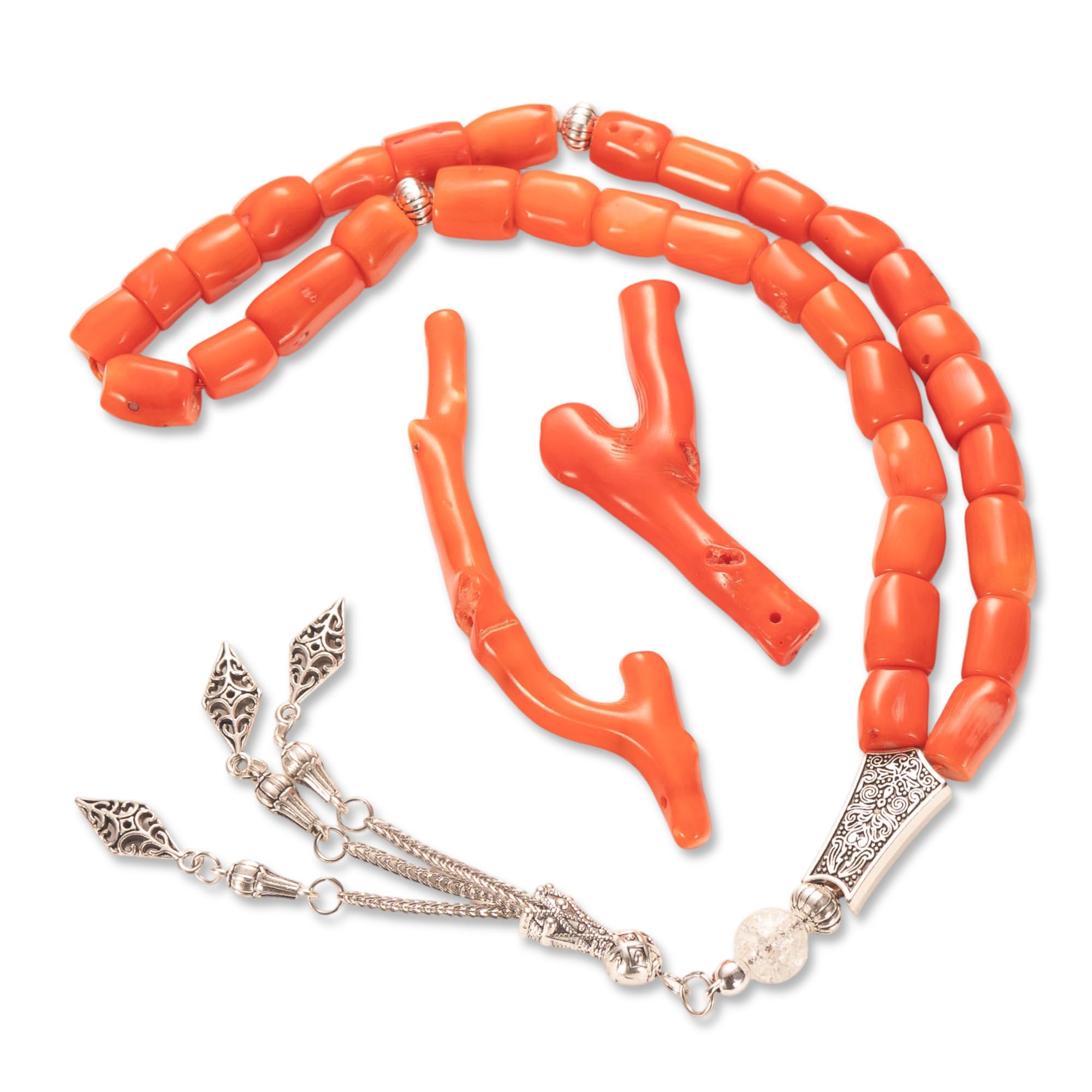 Natural Coral Tasbih 33 Beads – Barrel-Bead Misbaha with Silver-Tone Tassel & Premium Gift Box – Ramadan/Eid, Hajj & Umrah Gift for Men: Father, Husband, Boyfriend, Brother