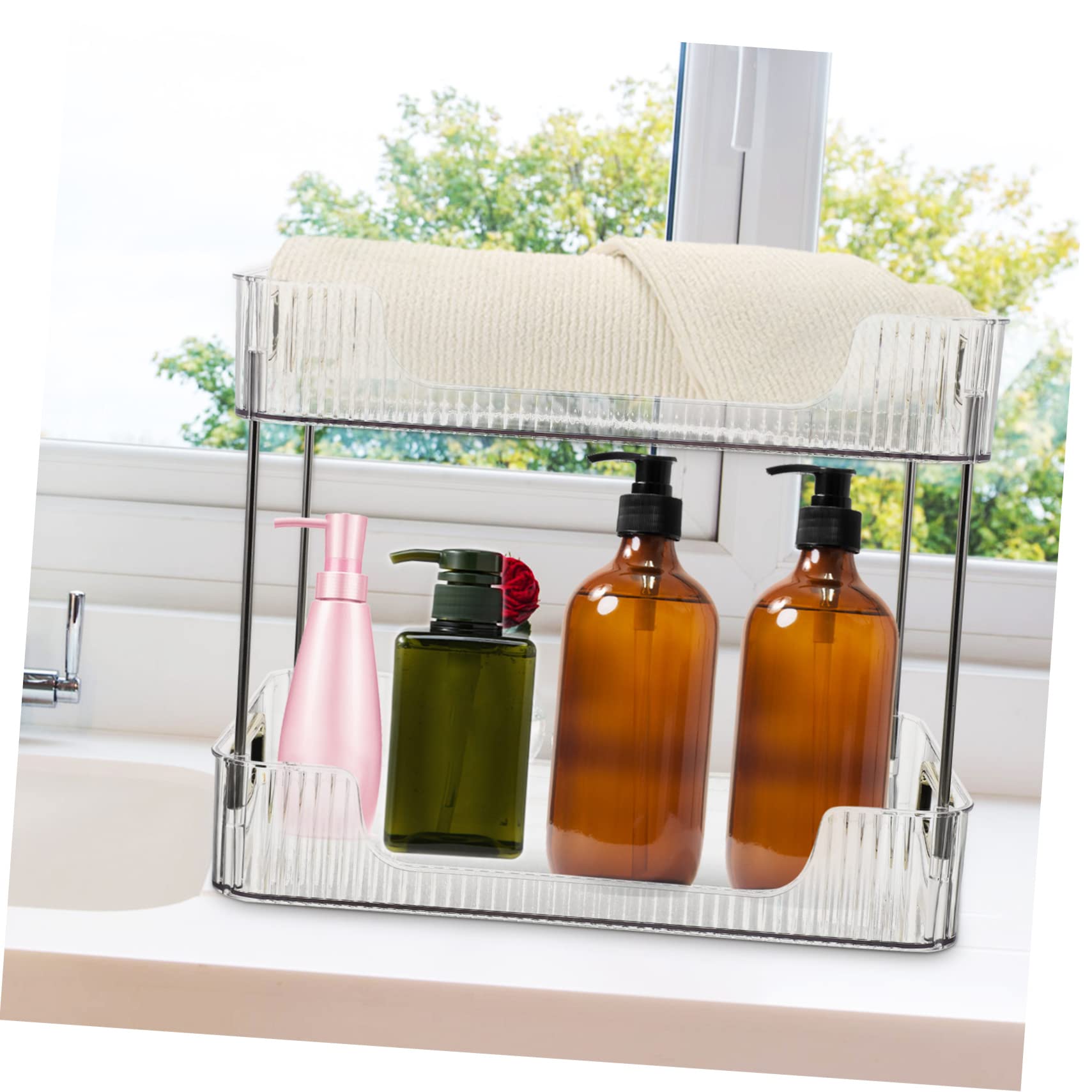 Organizer Cosmetici da Bagno 2 Livelli Doppio Ripiano in PET e Acciaio Inossidabile per Piano Lavabo Bagno e Comodino
